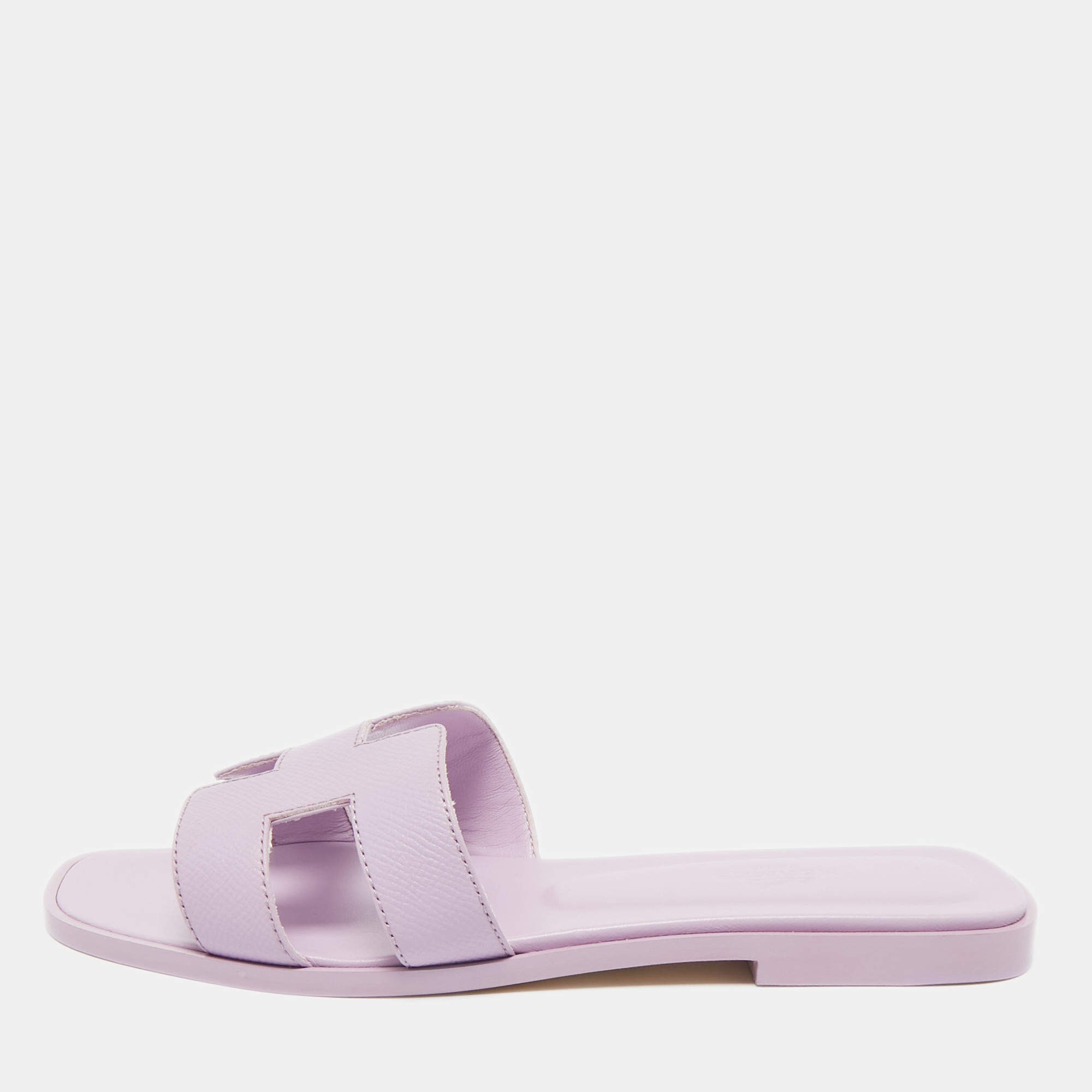 Pre Owned Hermes Purple Leather Oran Flat Slides Size 37.5