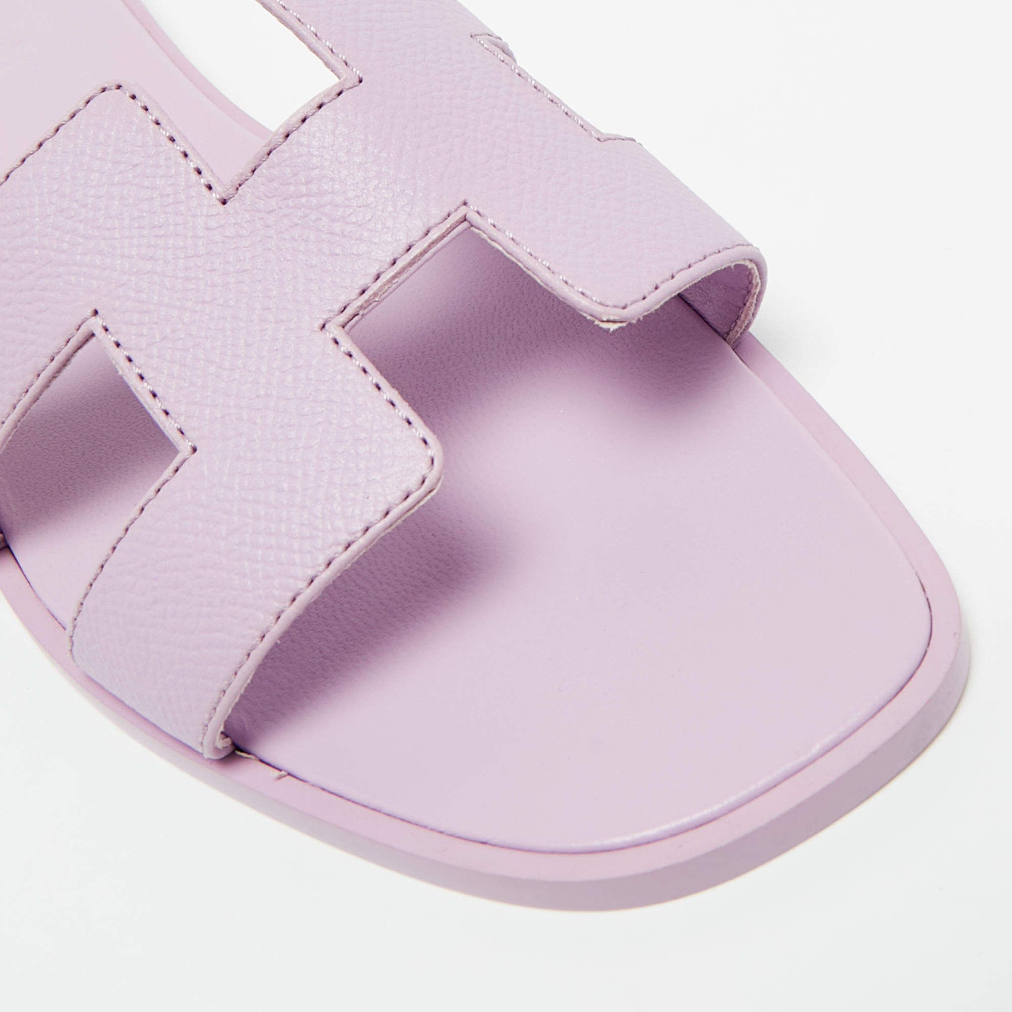 Pre Owned Hermes Purple Leather Oran Flat Slides Size 37.5