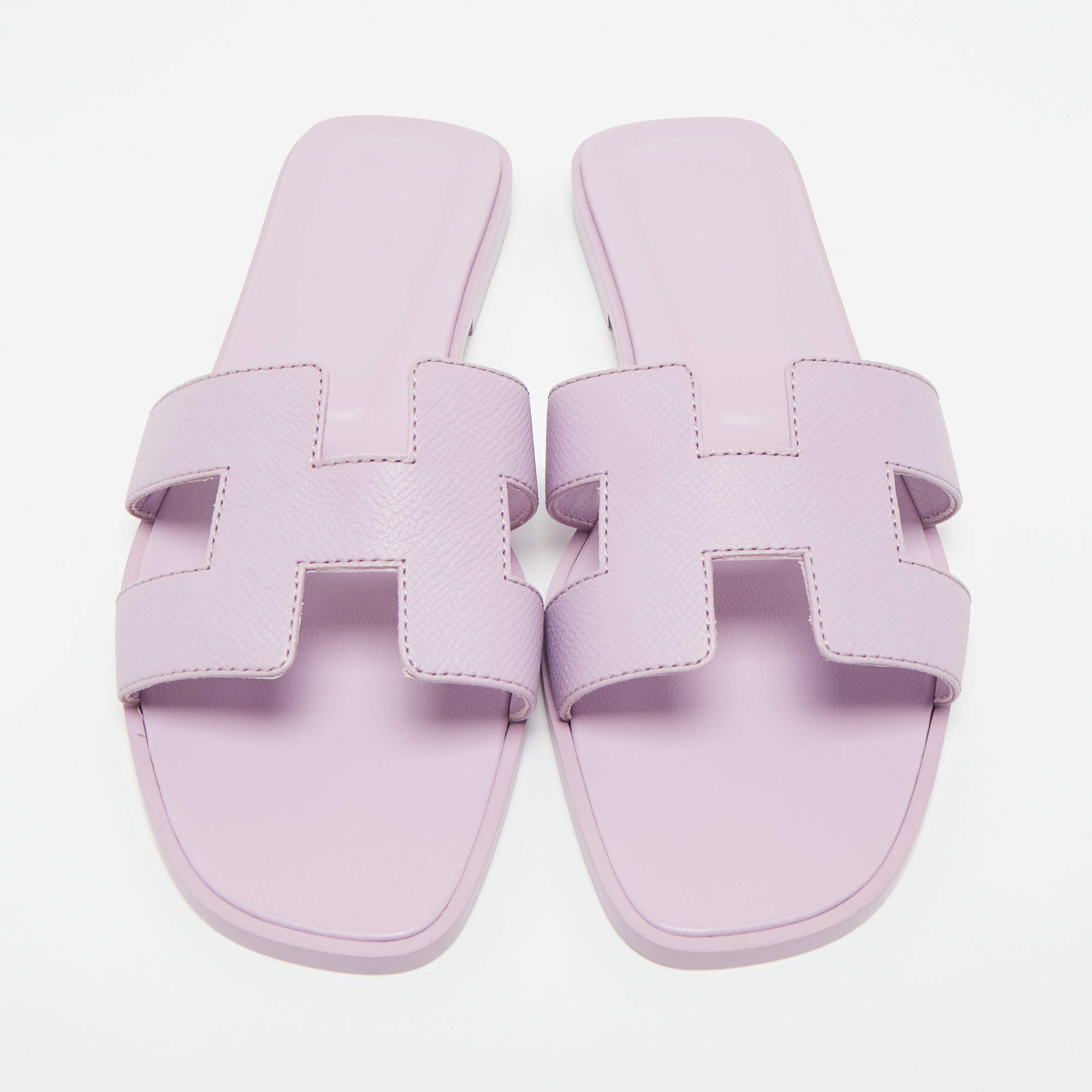 Pre Owned Hermes Purple Leather Oran Flat Slides Size 37.5