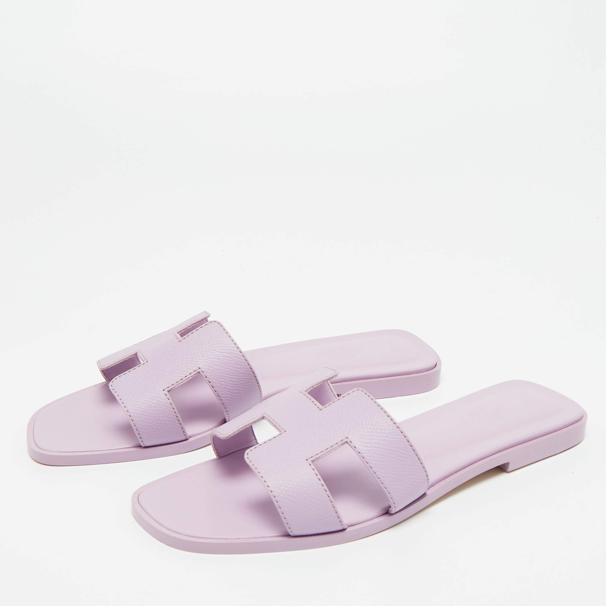 Pre Owned Hermes Purple Leather Oran Flat Slides Size 37.5