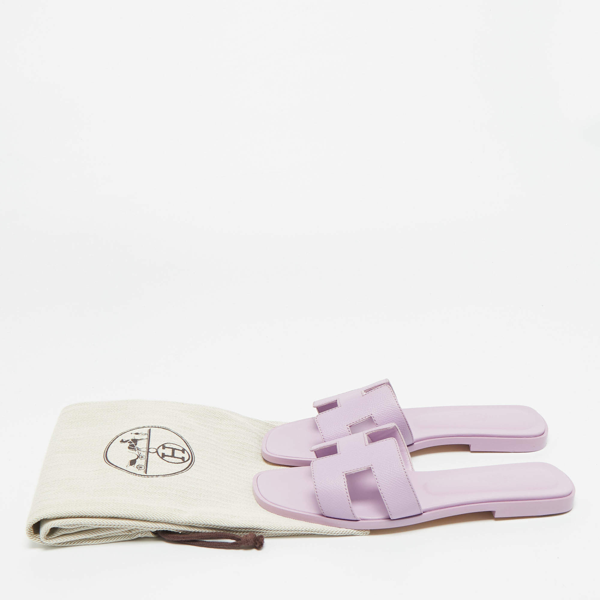 Pre Owned Hermes Purple Leather Oran Flat Slides Size 37.5
