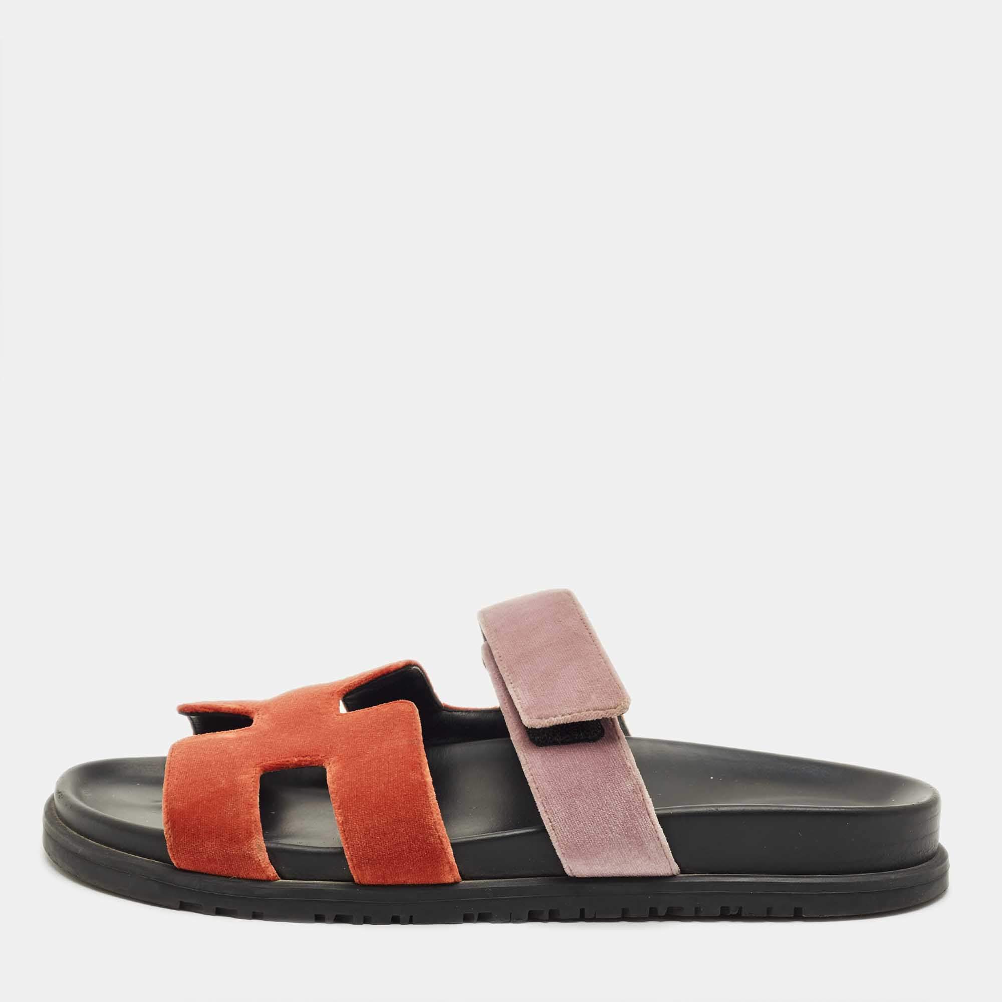 Pre Owned Hermès Brown/Beige Velvet Chypre Flat Sandals Size 40