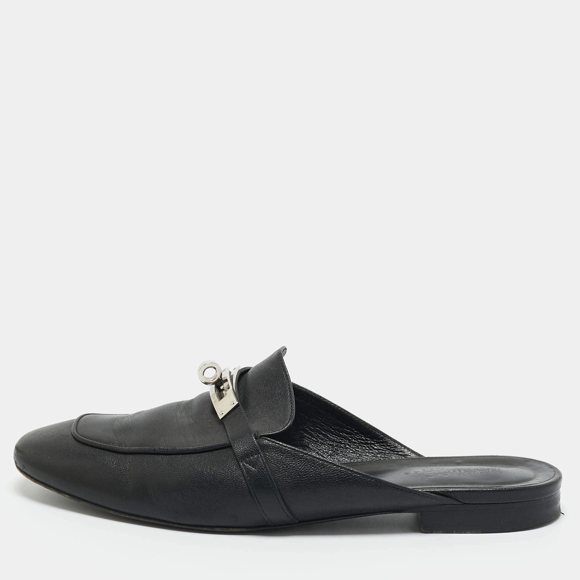 Pre Owned Hermes Black Leather Oz Mules Size 40