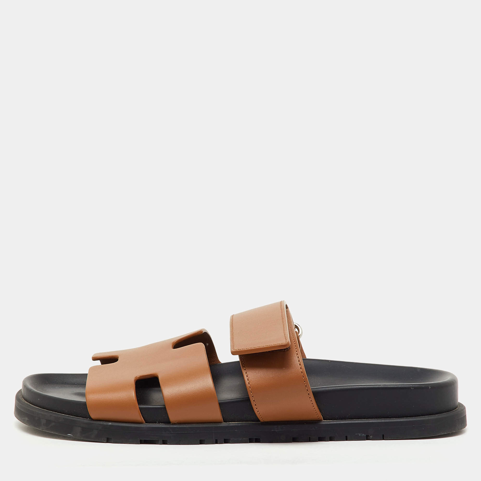 Pre Owned صندل فلات شِبري جلد بني هيرمس مقاس 39