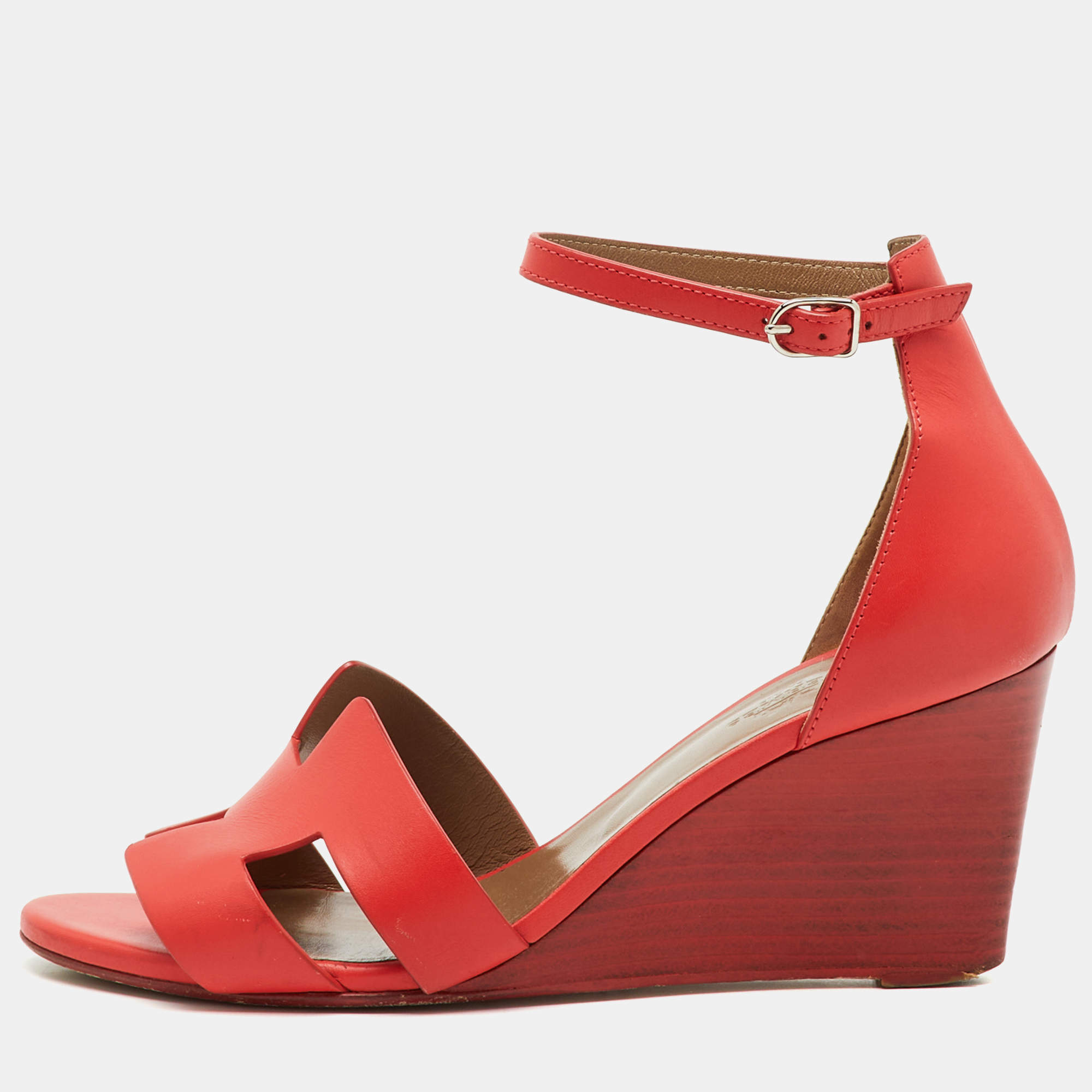Pre Owned Hermes Red Leather Legend Ankle Strap Wedge Sandals Size 39