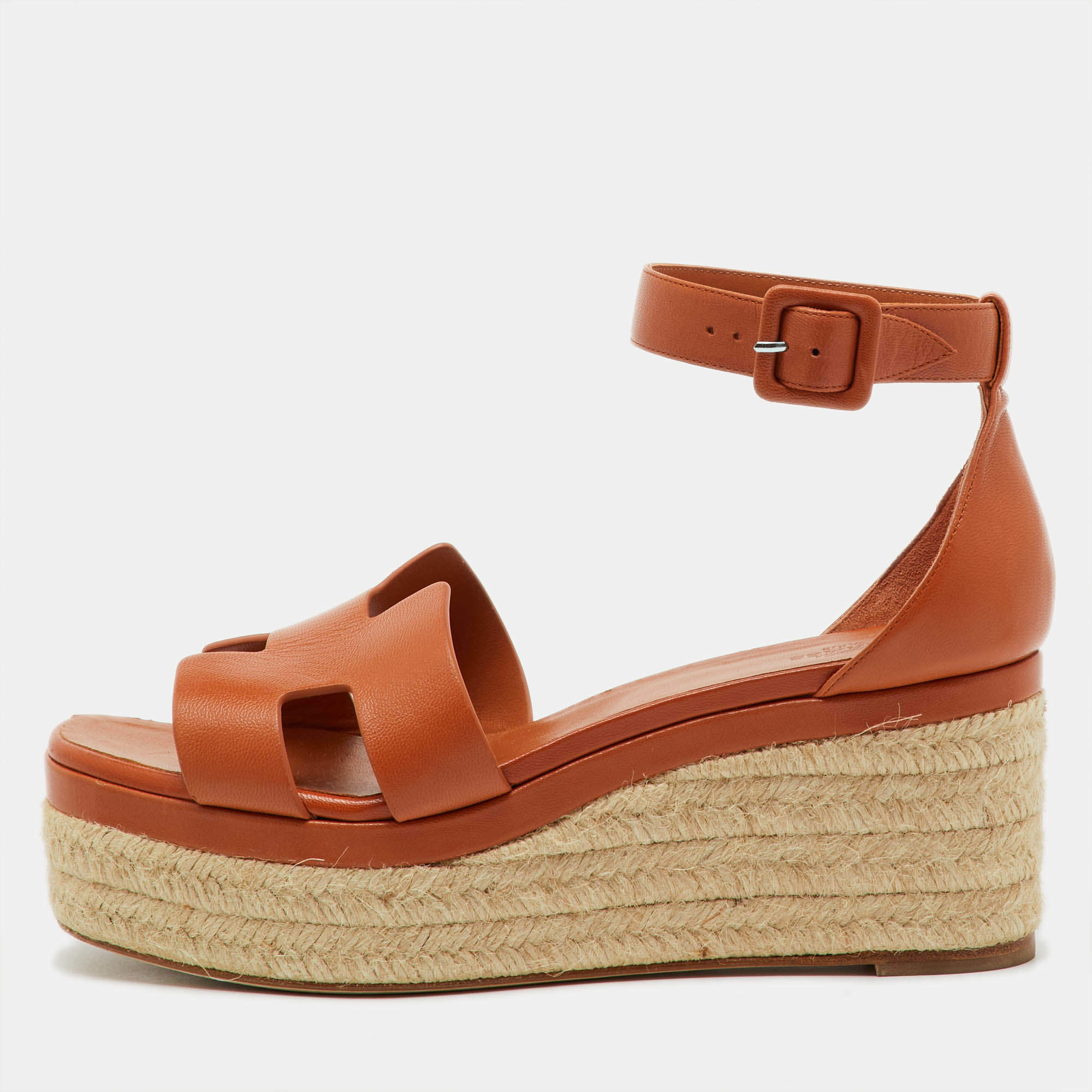 Pre Owned Hermes Brown Leather Elda Espadrille Platform Sandals Size 41