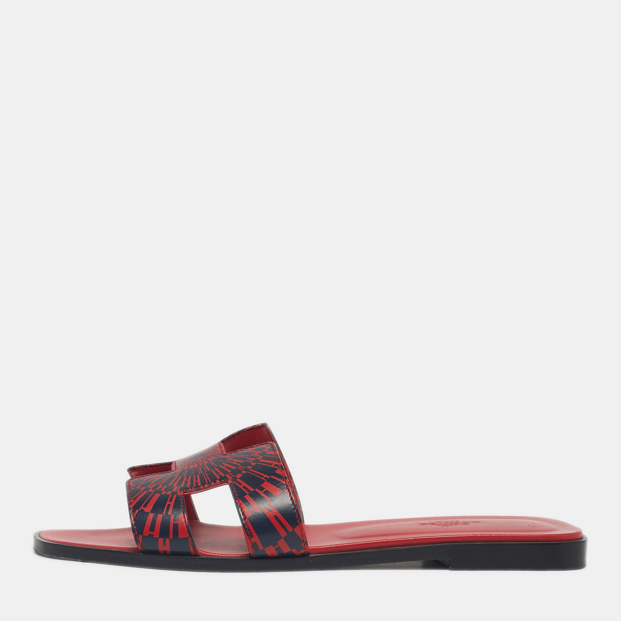 Pre Owned Hermès Black/Red Leather Oran Flat Slide Size 39.5