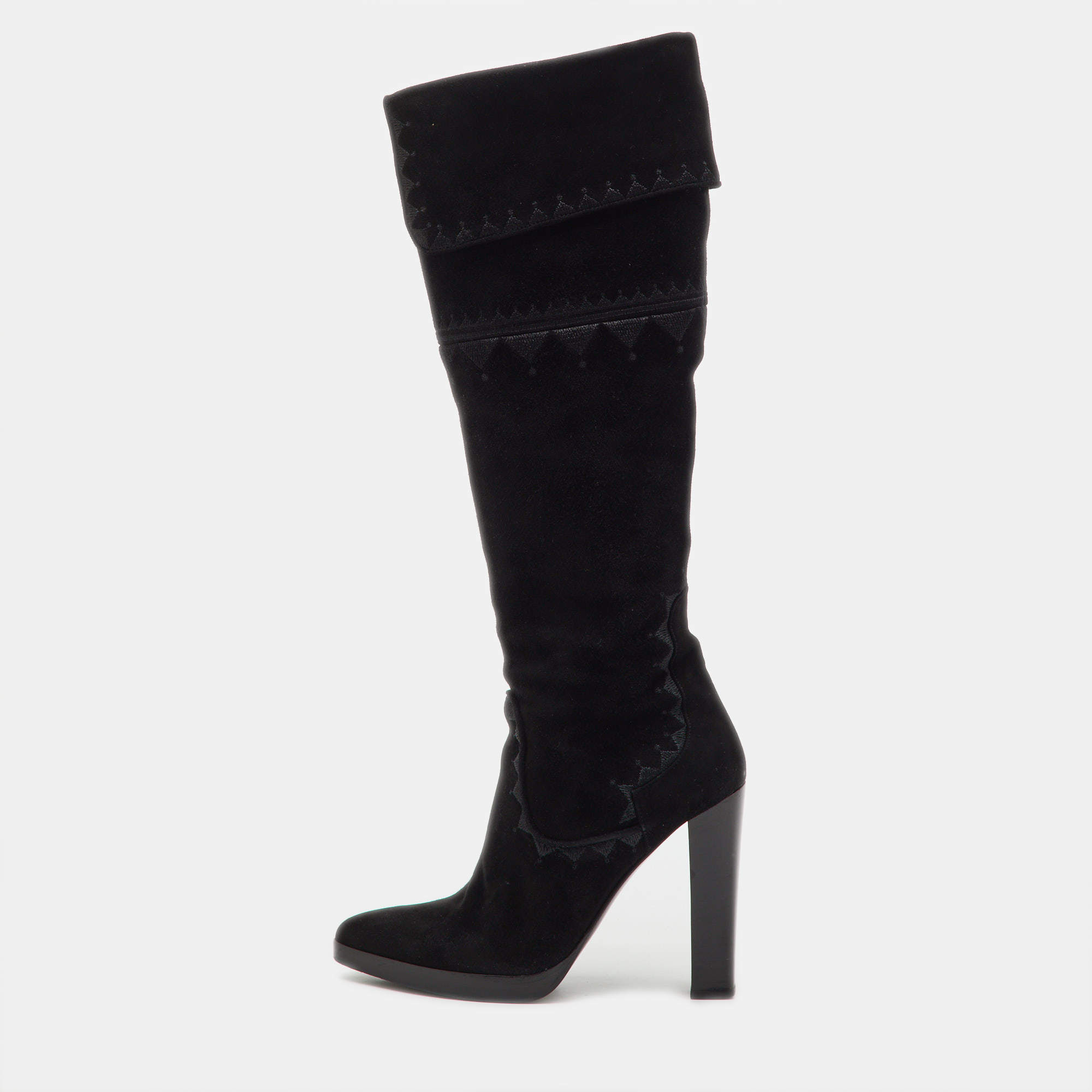 Pre Owned Hermes Black Suede Crusader Embroidered Knee Length Boots Size 36.5