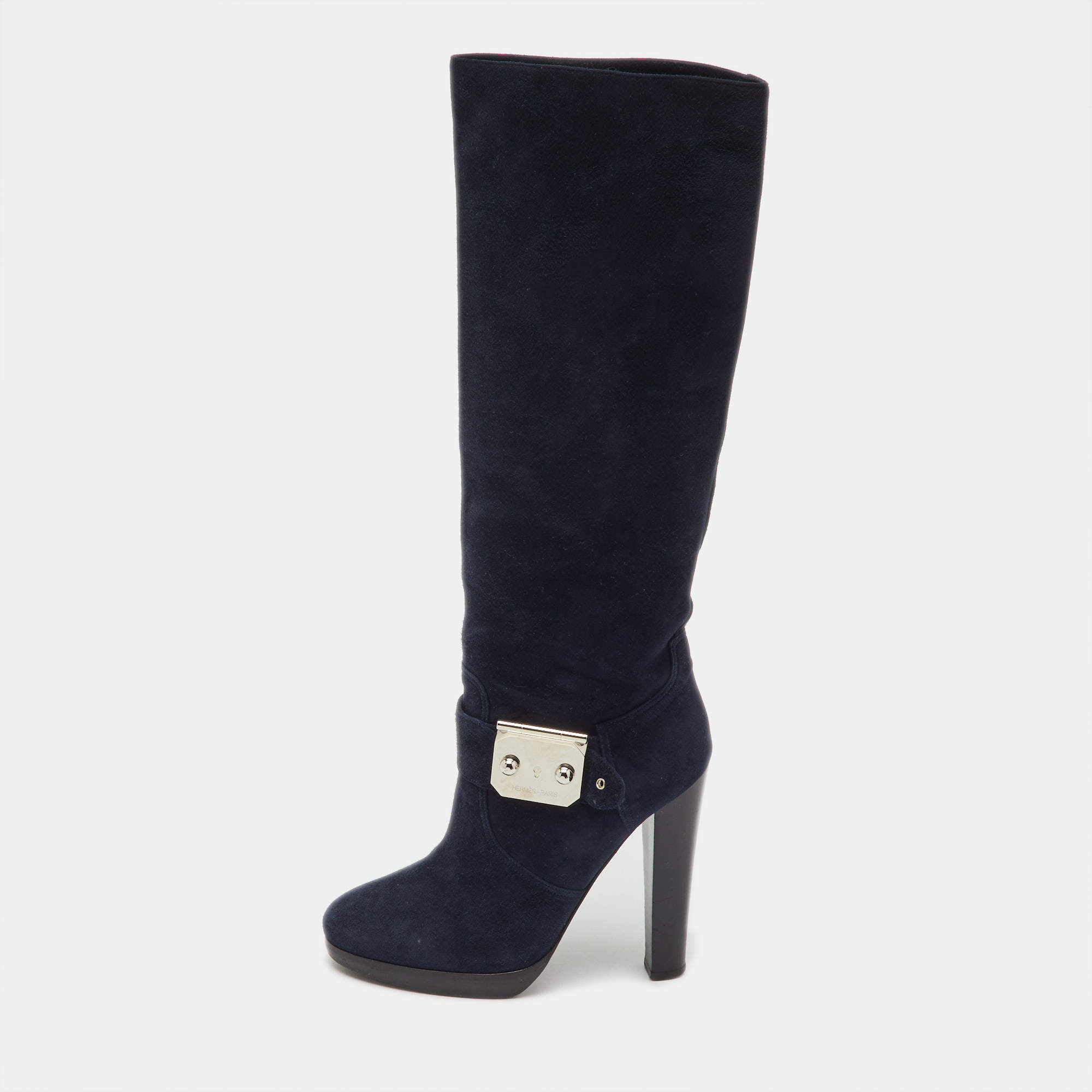 Pre Owned Hermes Navy Blue Suede Knee Length Boots Size 36.5