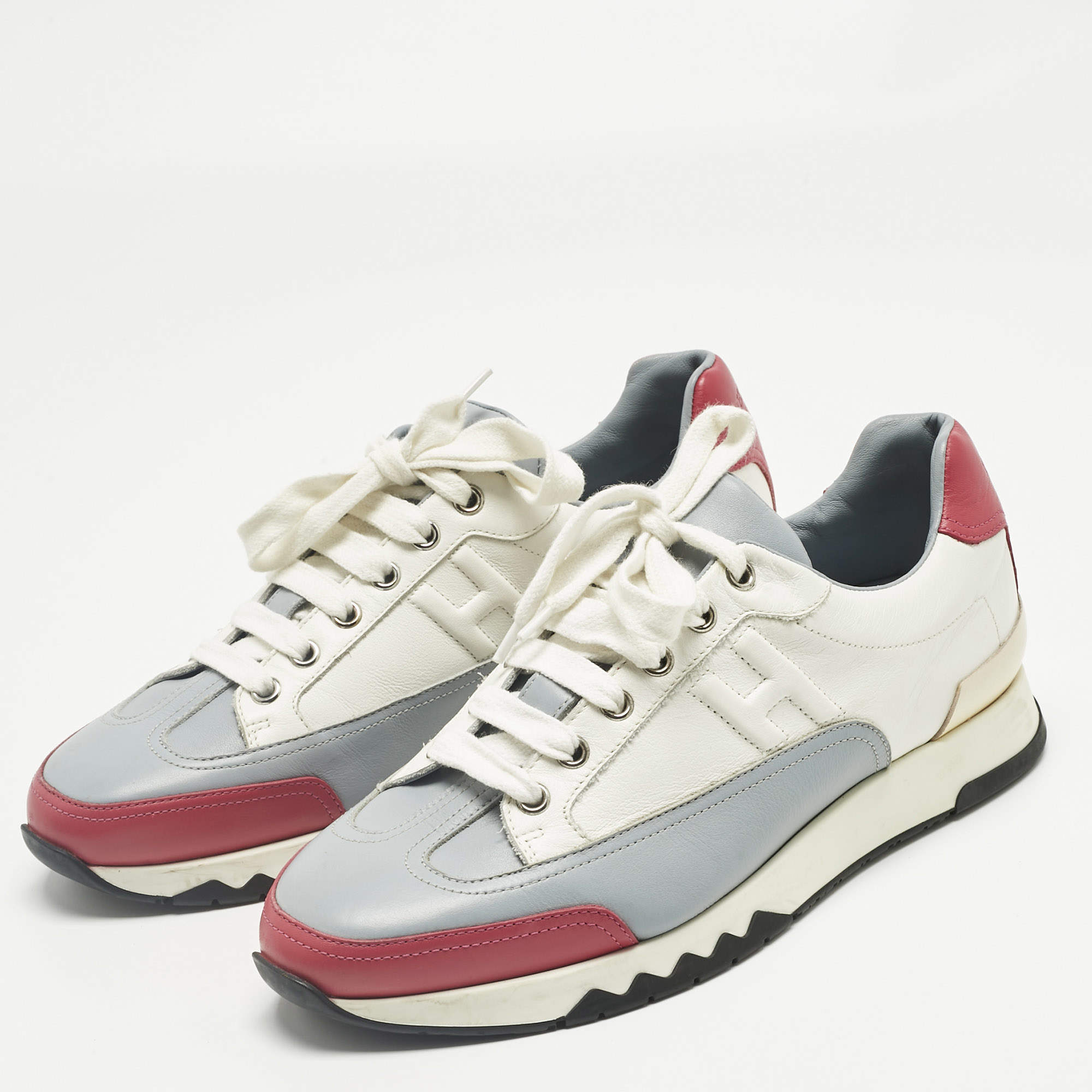 Hermes Off White/Silver Leather Quicker Sneakers Size 38