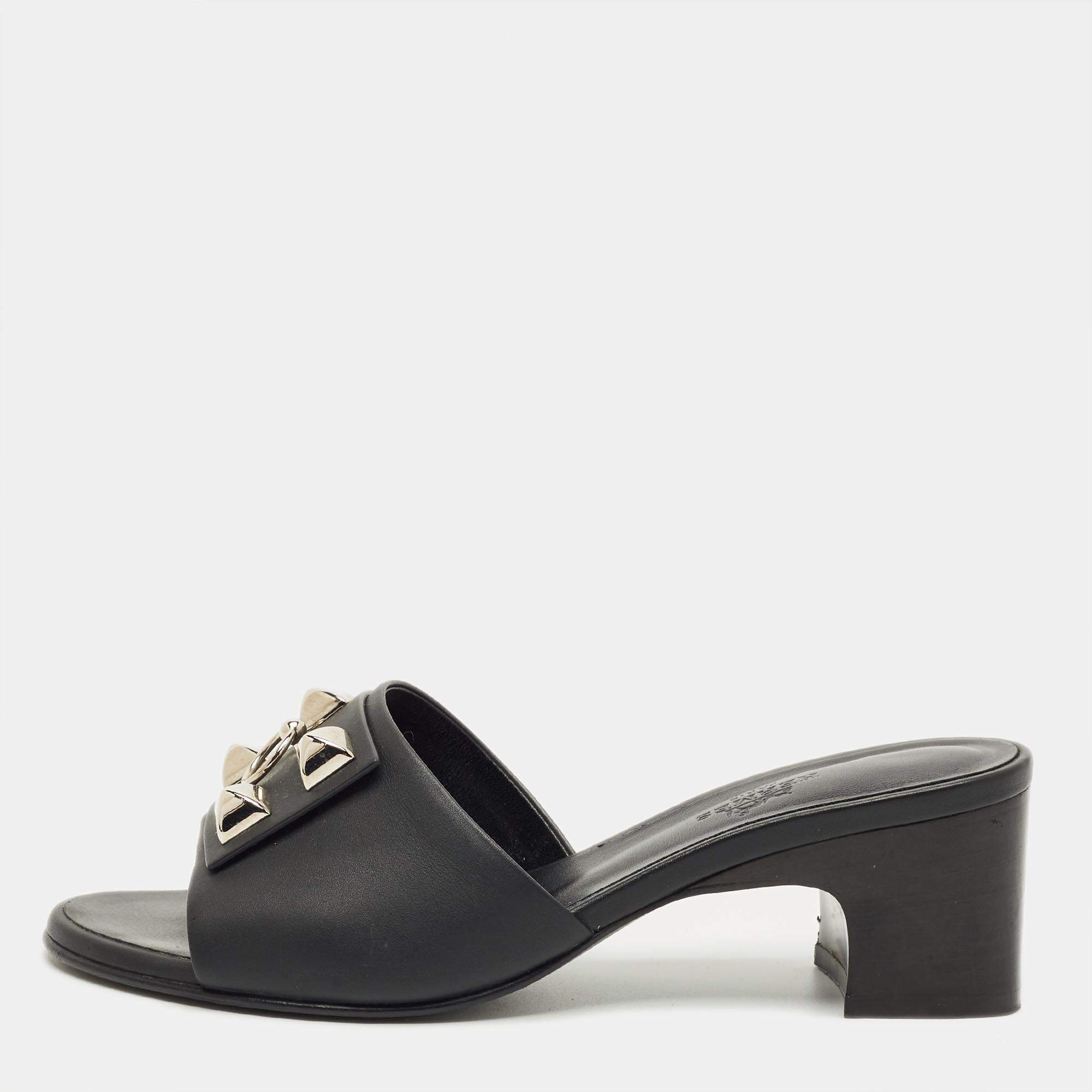 Pre Owned Hermes Black Leather Dreamy Slide Sandals Size 36
