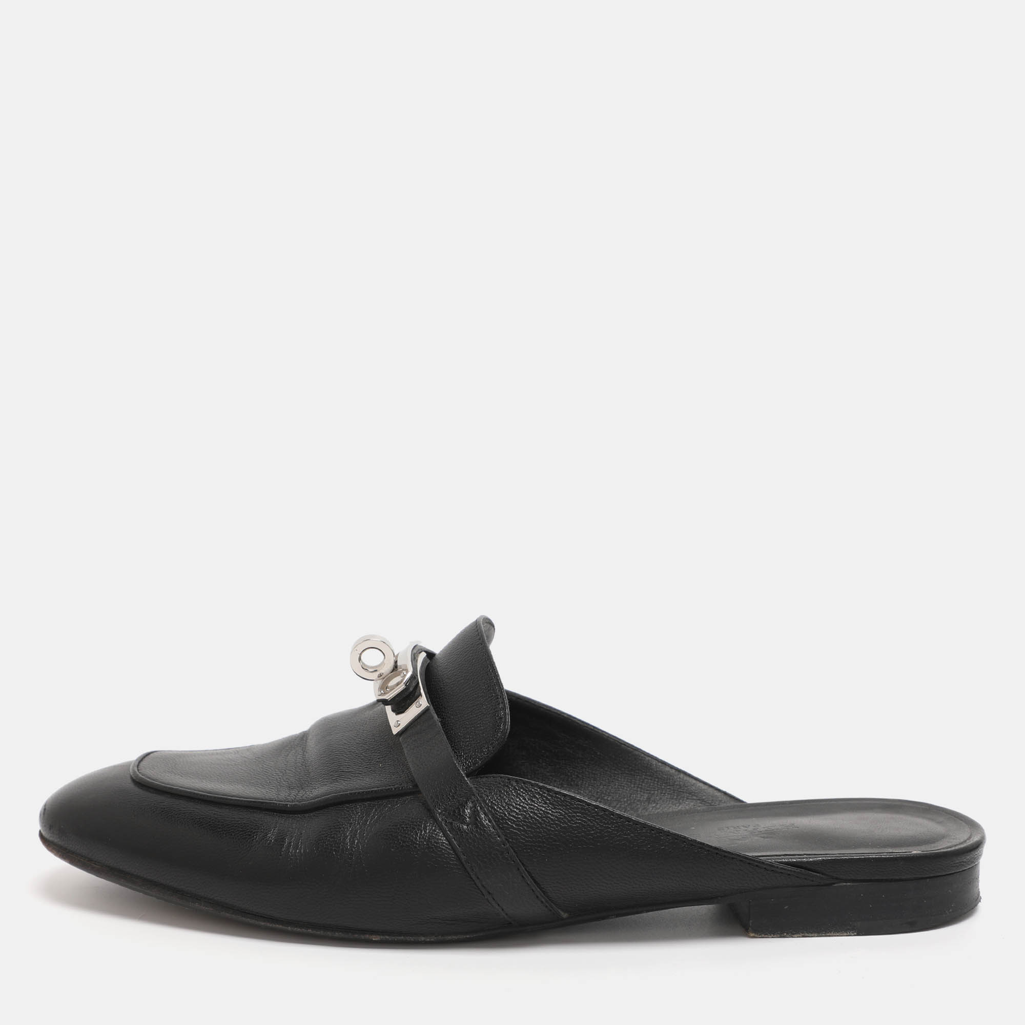Pre Owned Hermes Black Leather Oz Mules Size 38