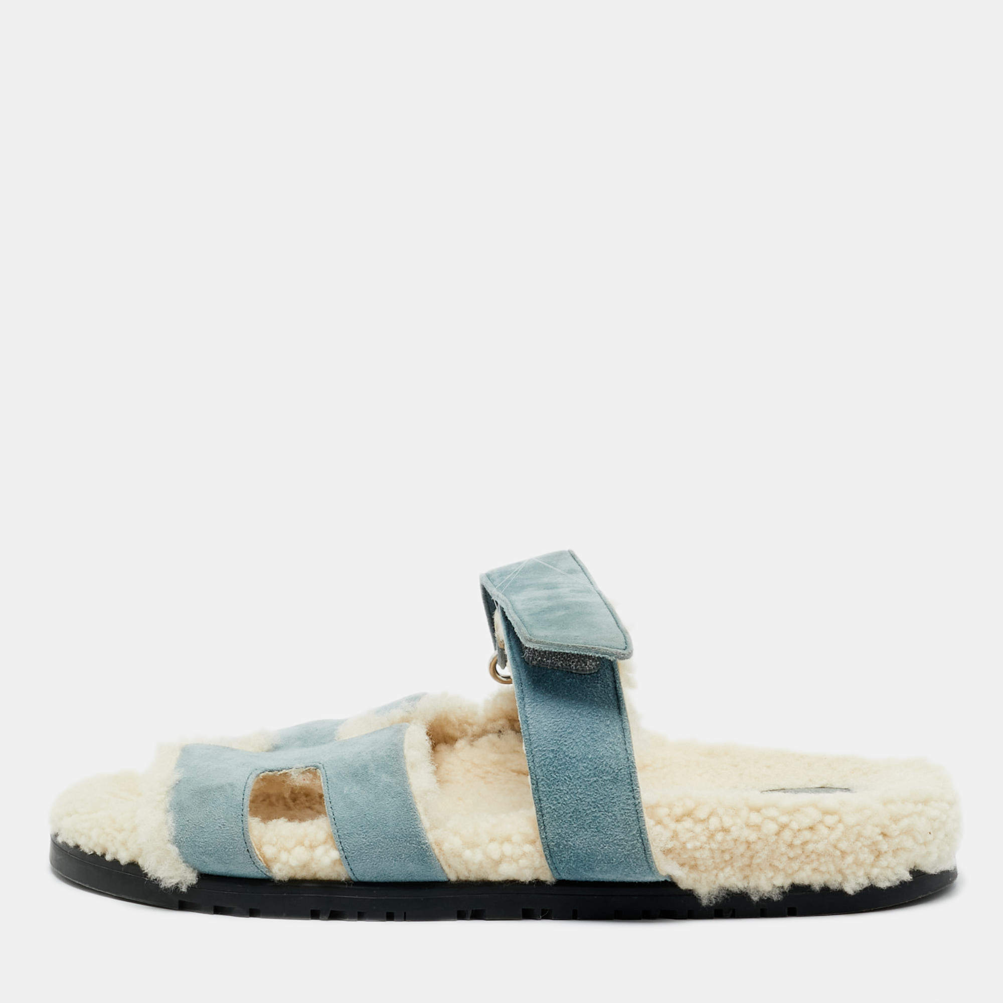 Pre Owned Hermes Blue Shearling Fur and Suede Chypre Slide Sandals Size 39