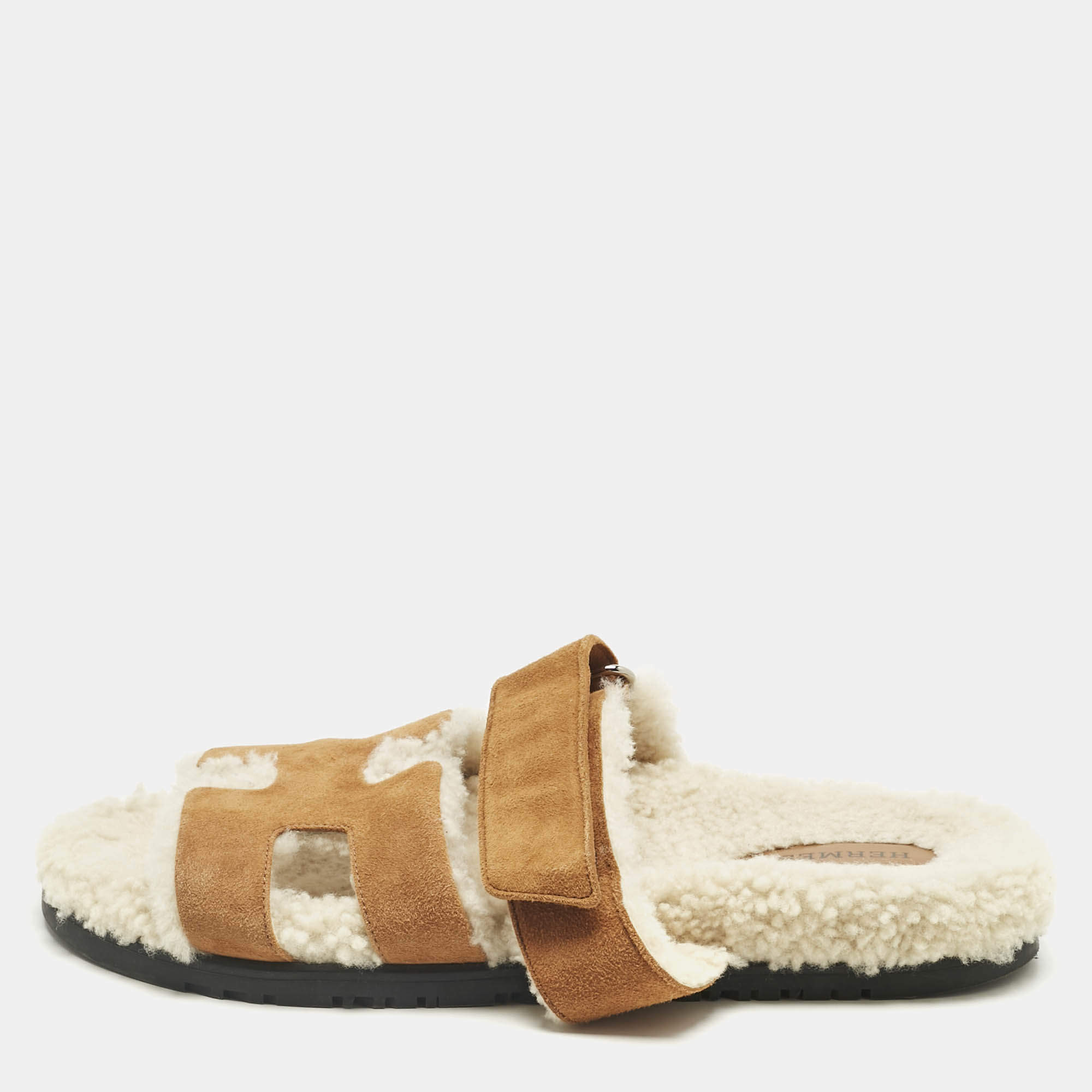 Pre Owned Hermes Brown Suede Shearling Fur Chypre Sandals Size 39.5