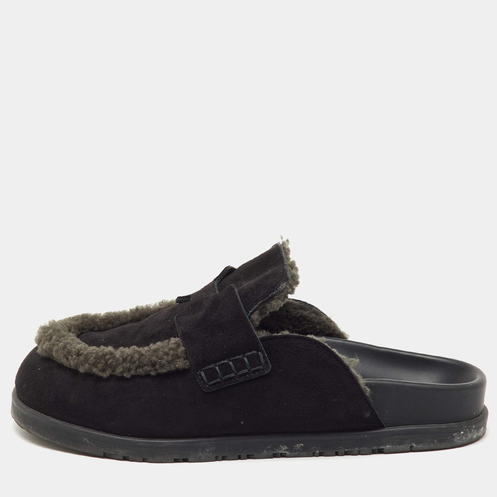 Pre Owned Hermes Black/Dark Grey Suede and Shearling Go Flat Mules Size 37.5