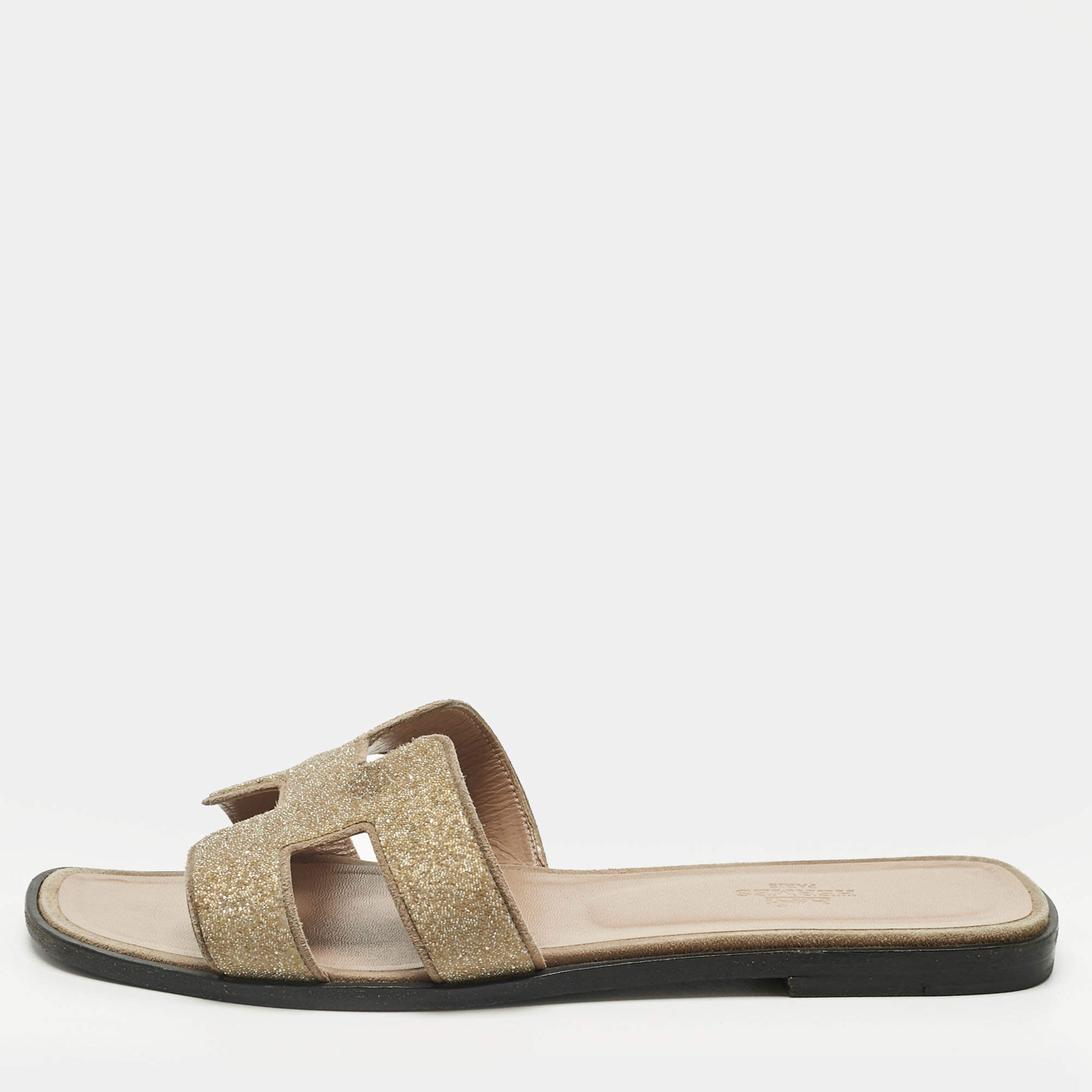 Pre Owned Hermes Beige Crystal-Suede Oran Flat Slide Size 39