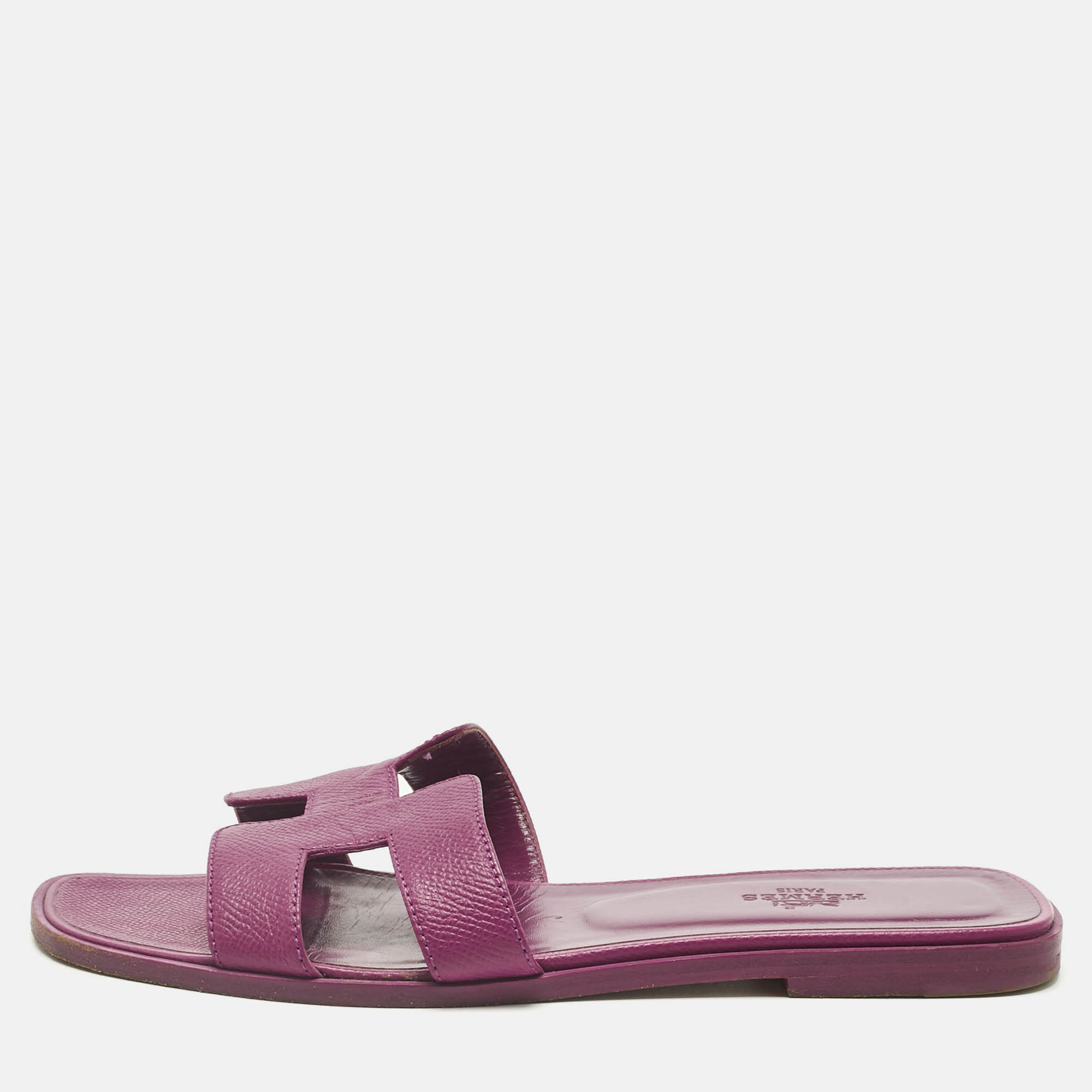 Pre Owned Hermes Purple Leather Oran Flat Slides Size 38