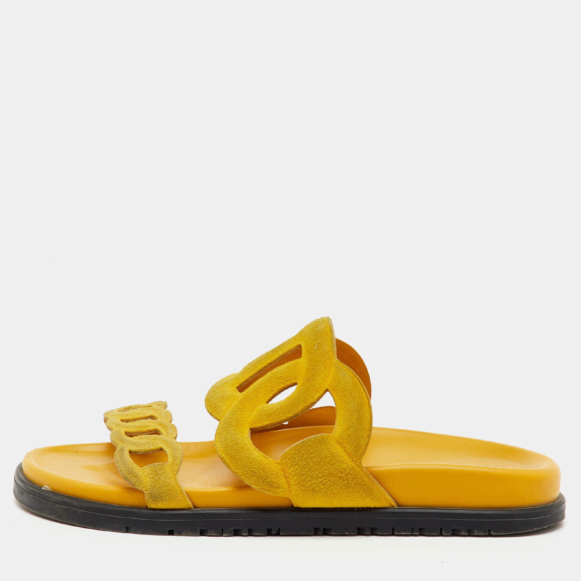 Pre Owned Hermes Yellow Suede Extra Flat Slide Sandals Size 37