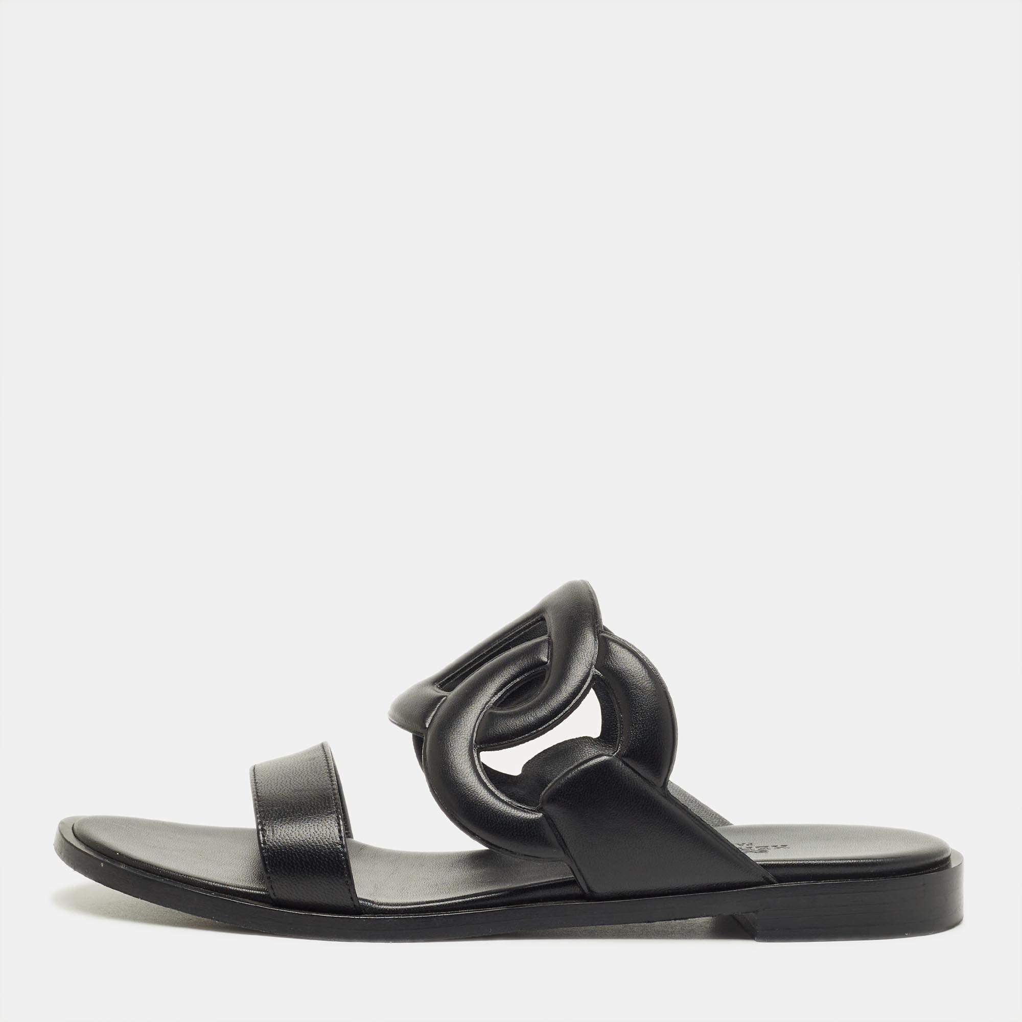 Pre Owned Hermes Black Leather Lagune Flat Slide Size 38