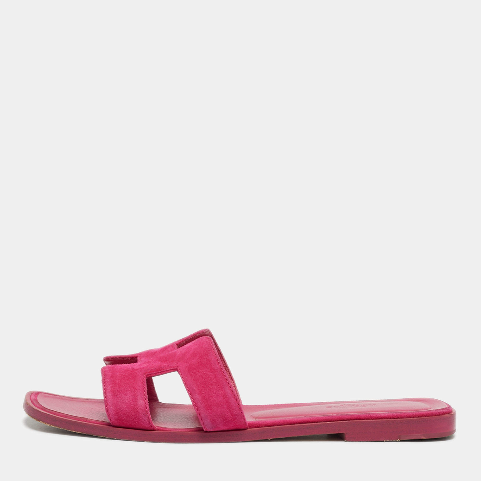 Pre Owned Hermes Pink Suede Oran Flat Slide Sandals Size 38.5