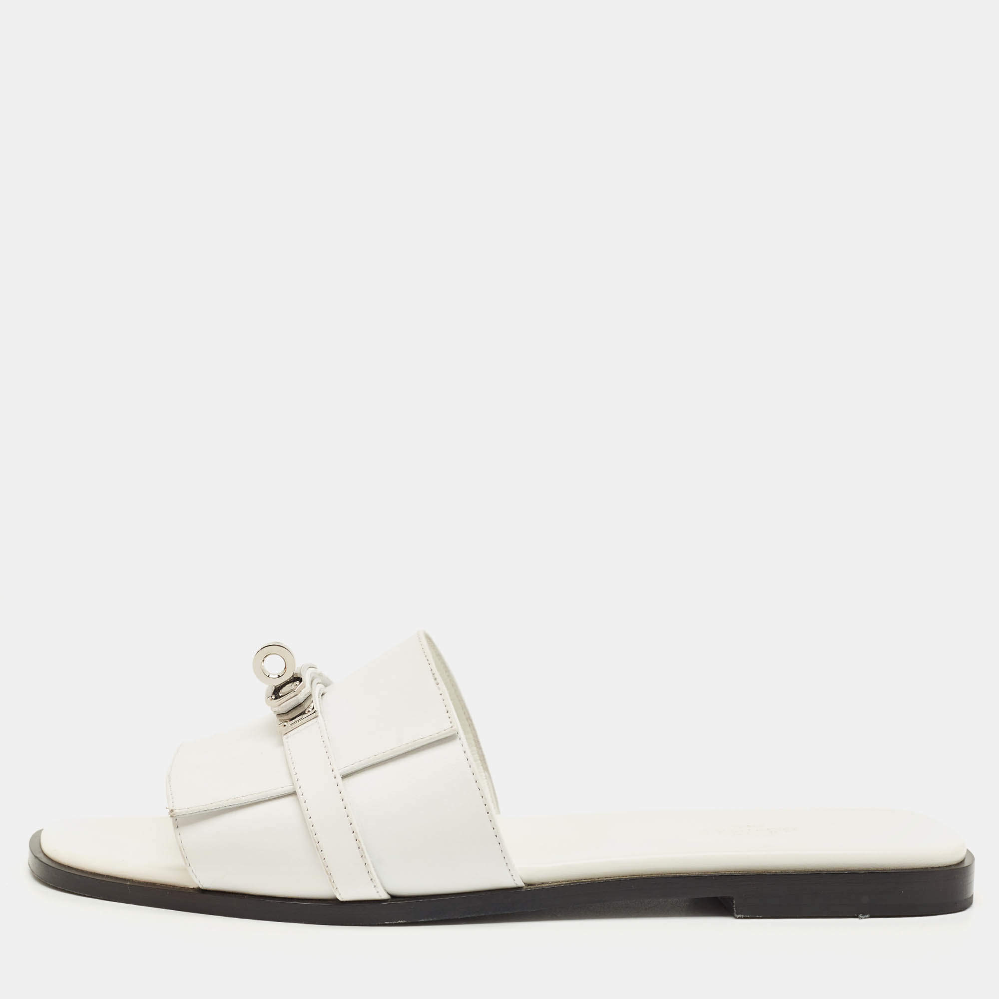 Pre Owned Hermes White Leather Giulia Flat Slides Size 41