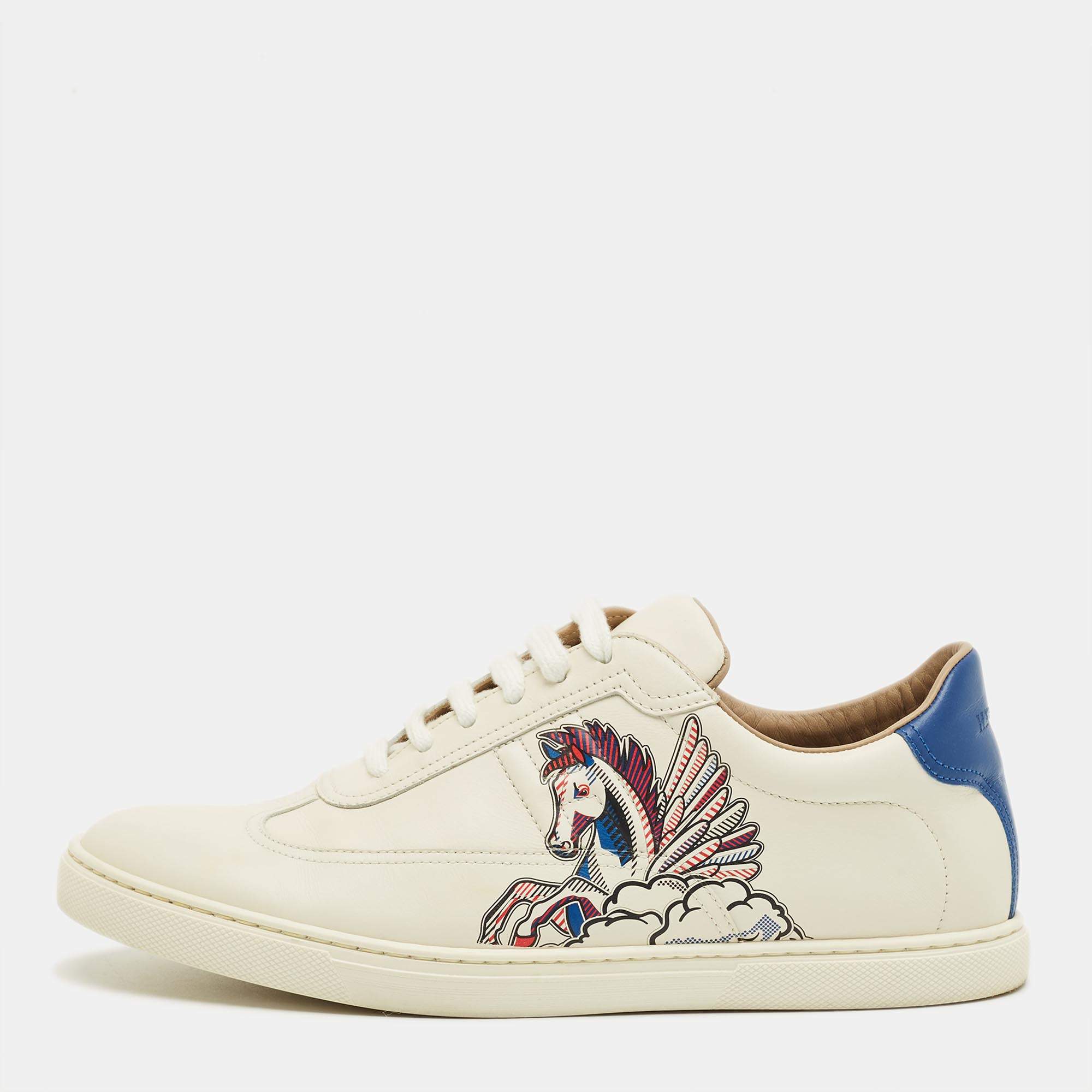 Pre Owned Hermès White/Blue Leather Quicker Lace Up Sneakers Size 41