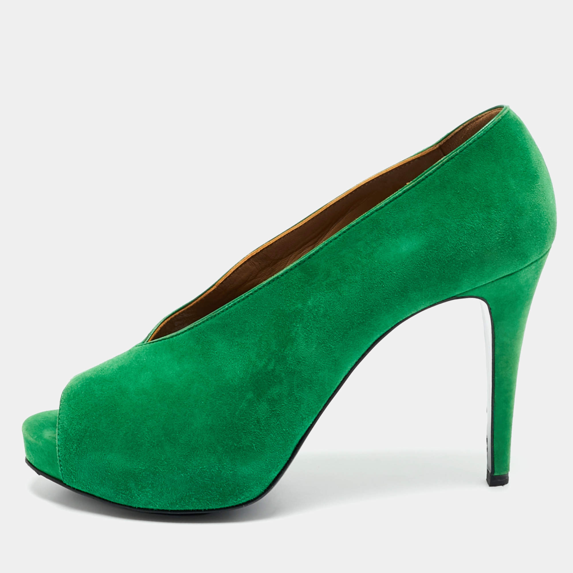 Pre Owned Hermes Bamboo Size 40 Green Suede Peep Toe Pumps