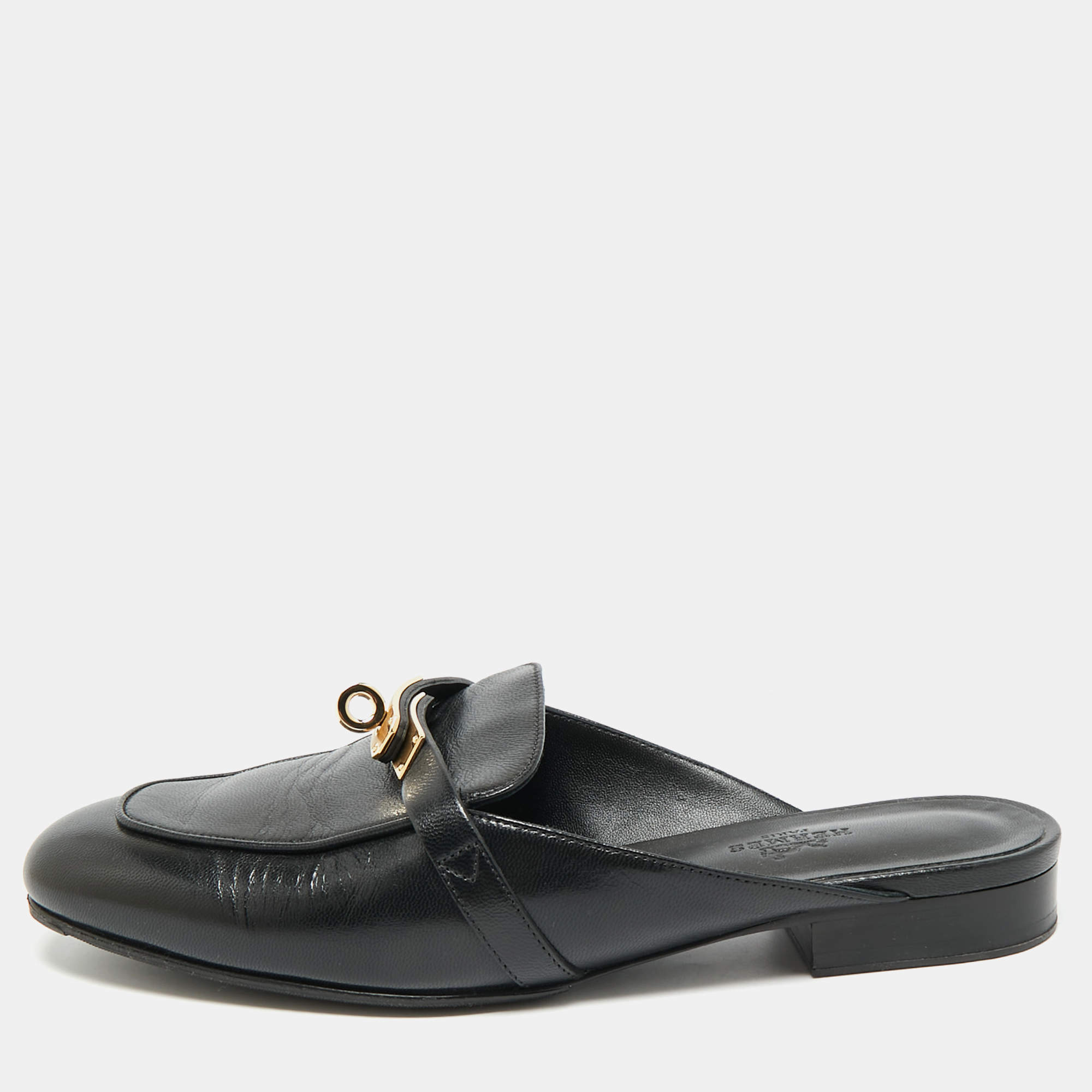 Pre Owned صندل مولز هيرمس أوه زد مطللي بلاديوم جلد أسود مقاس 38