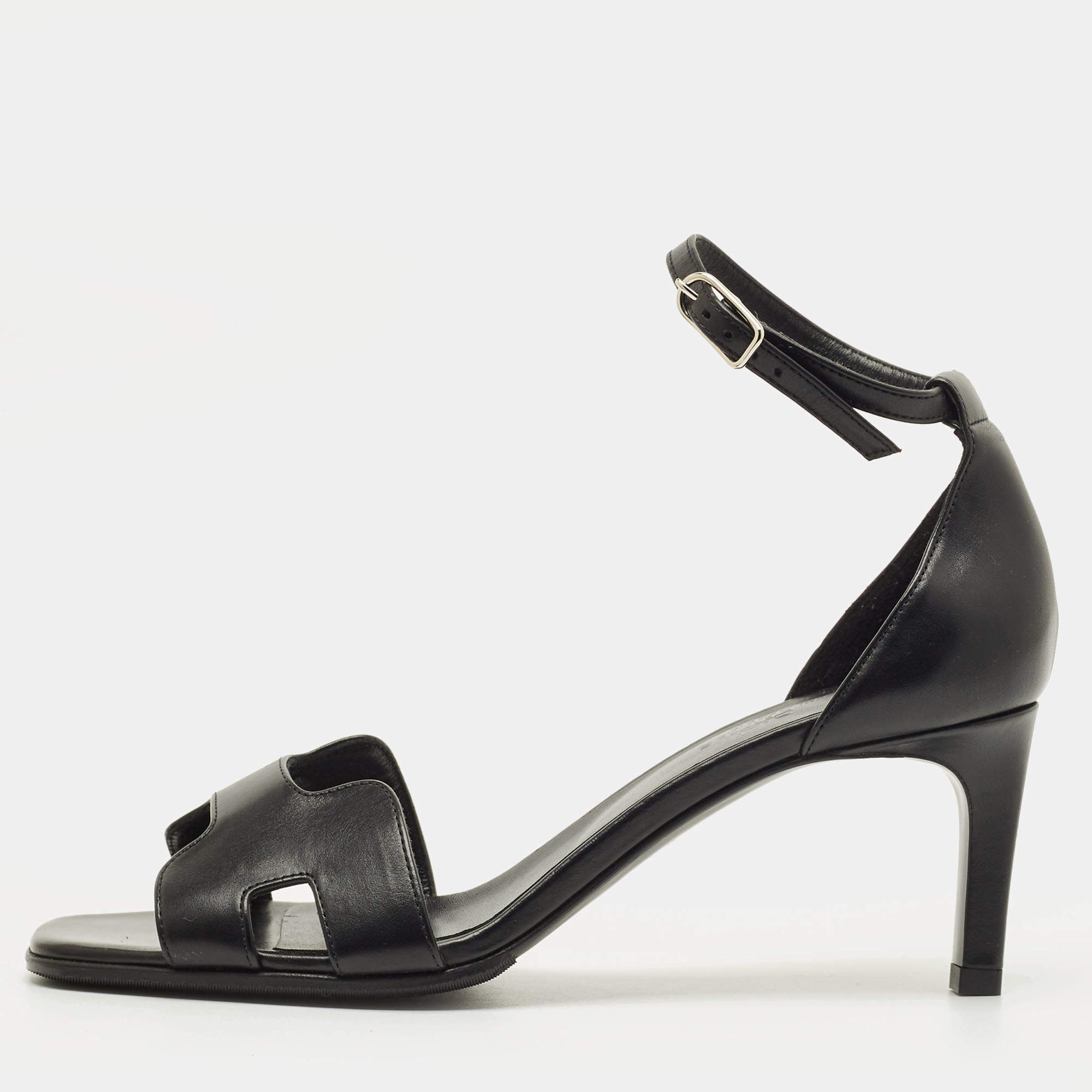 Pre Owned Hermès Premiere Size 37.5 Black Leather Ankle Strap Sandals