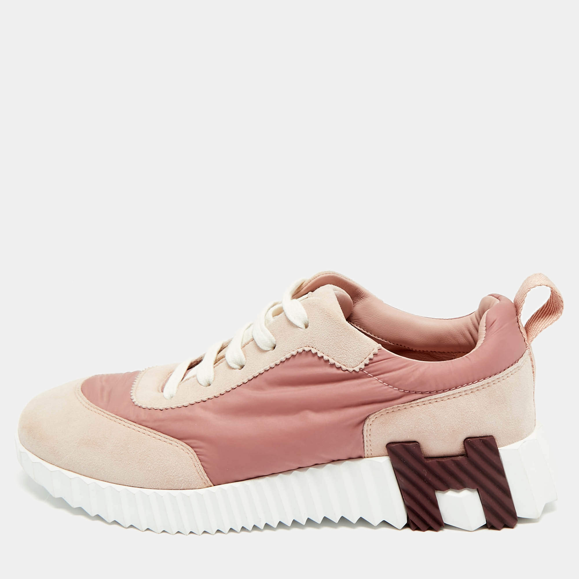 Pre Owned Hermes Bouncing Size 37.5 Pink Nylon and Suede Lace Up Sneakers