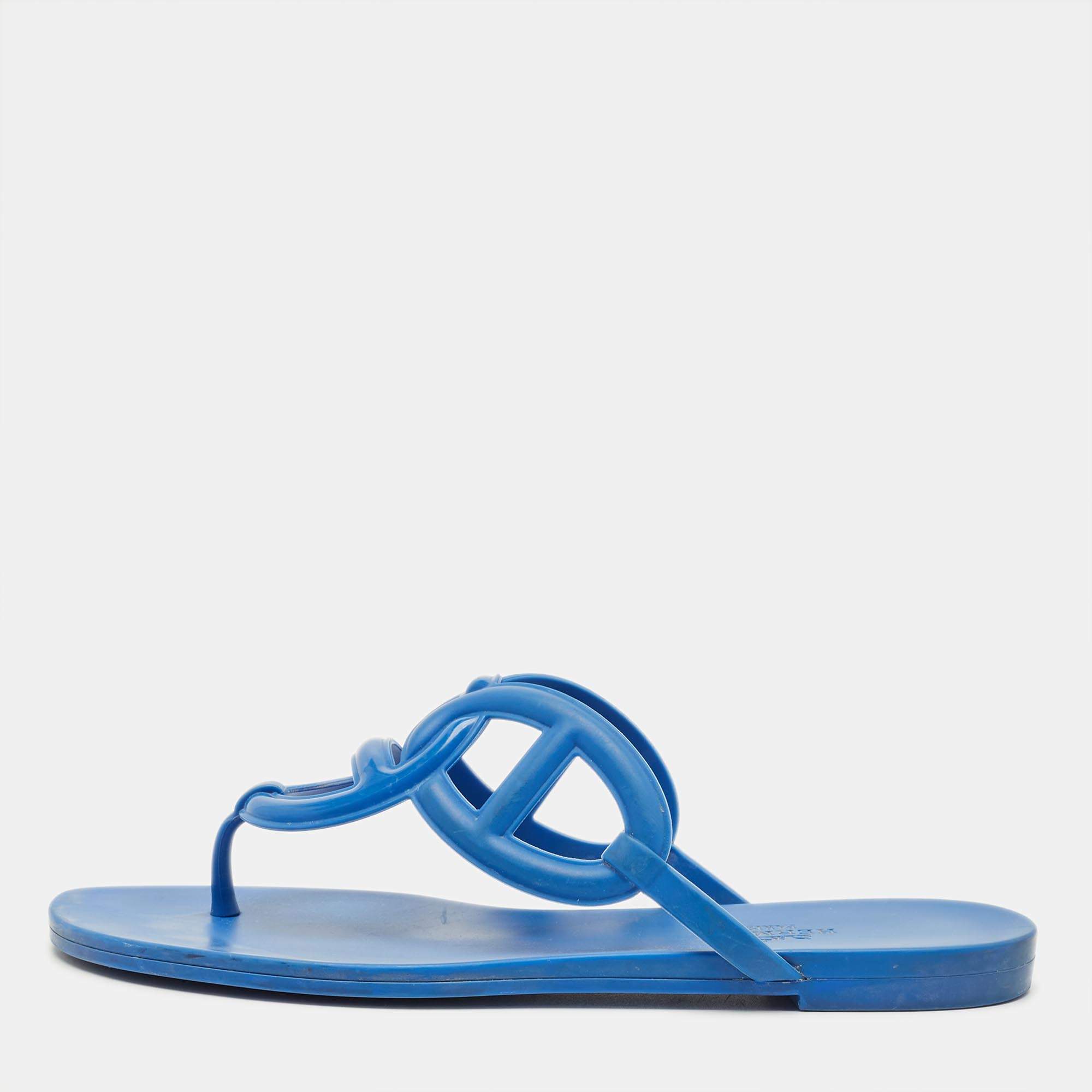 Pre Owned Hermes Egerie Size 38 Blue Rubber Thong Sandals