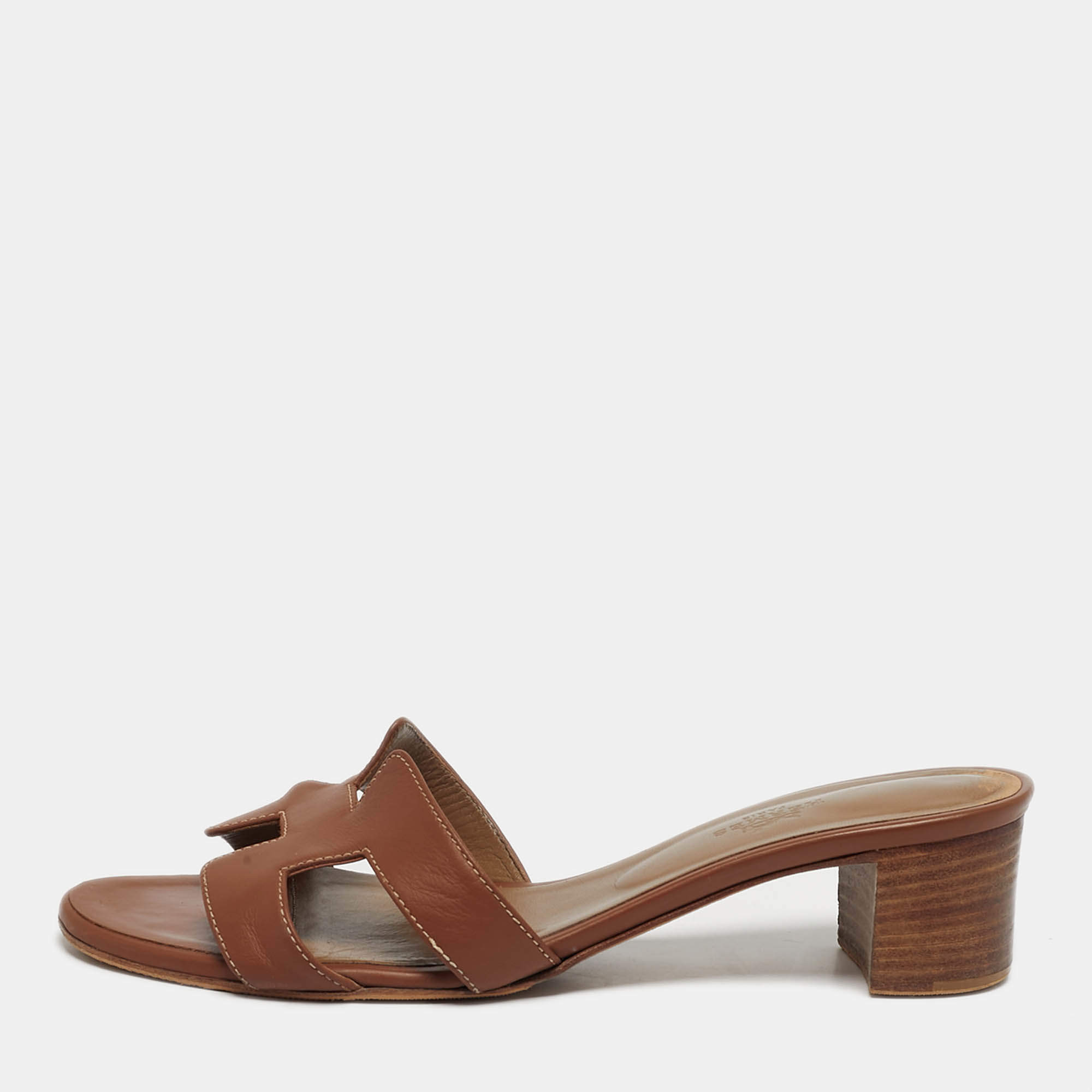 Pre Owned Hermes Oasis Size 40 Brown Leather Slide Sandals