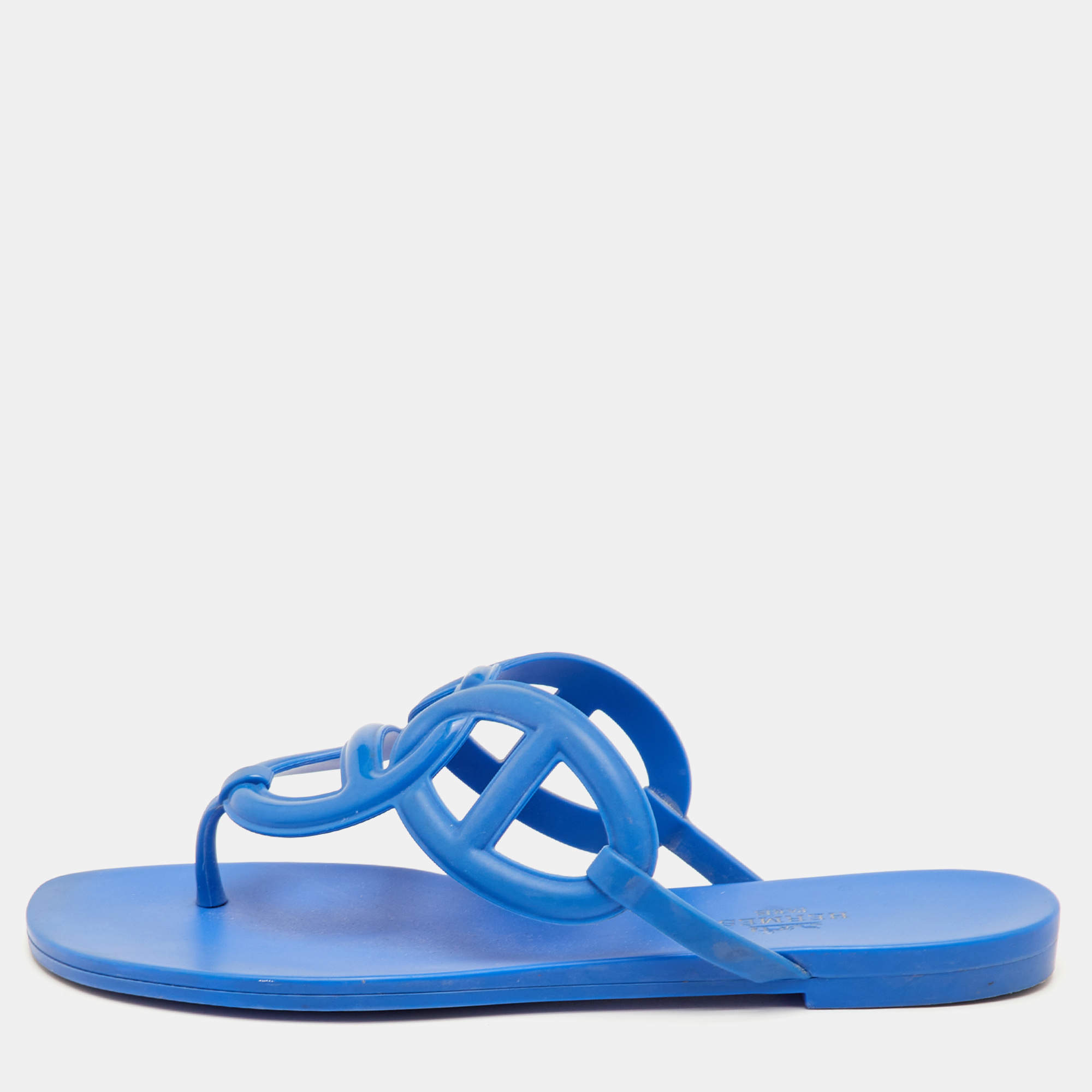 Pre Owned Hermès Egerie Size 38 Blue Rubber Thong Flat Sandals