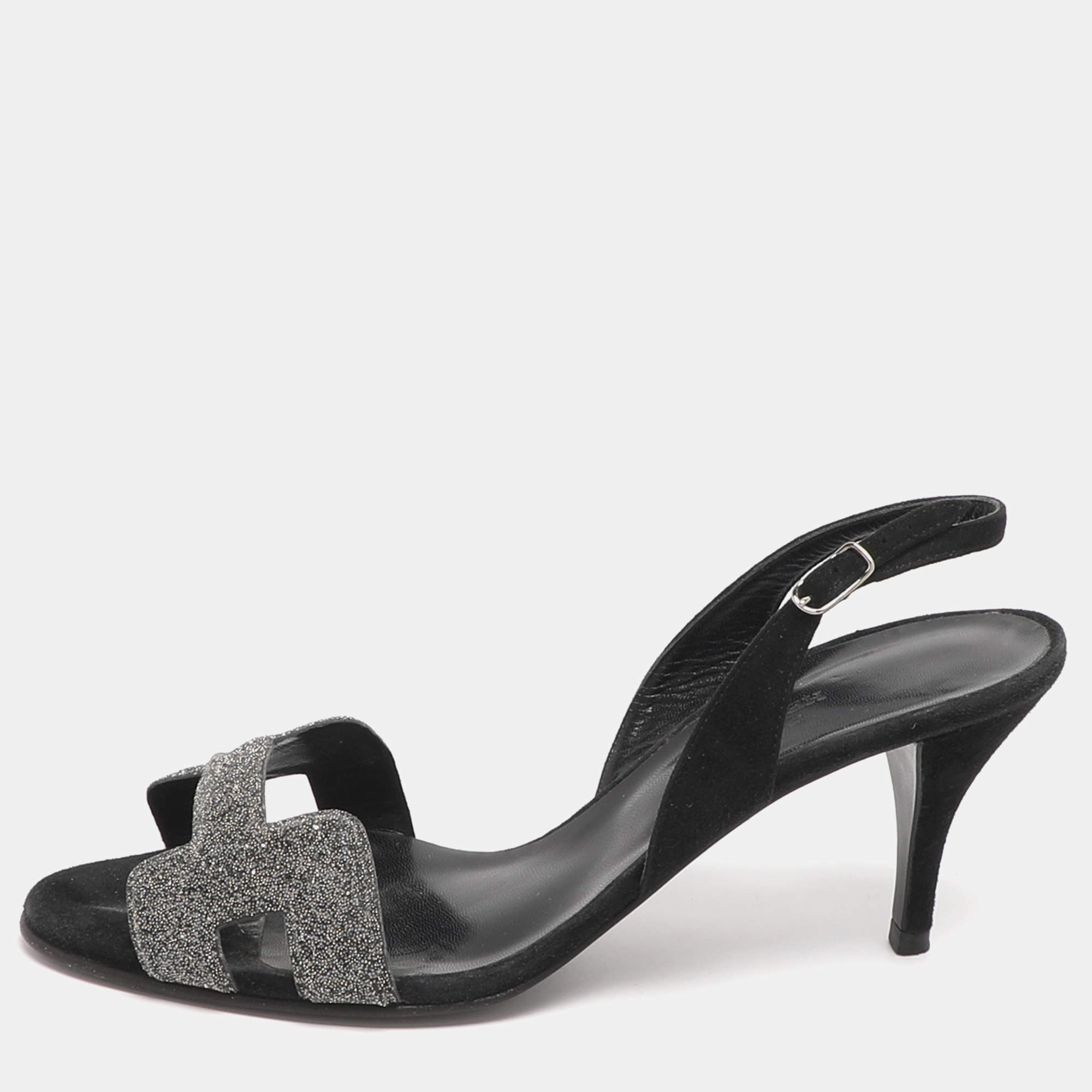مملوكة مسبقًا Hermès Night Size 38 Black/Silver Glitter and Suede Slingback Sandals