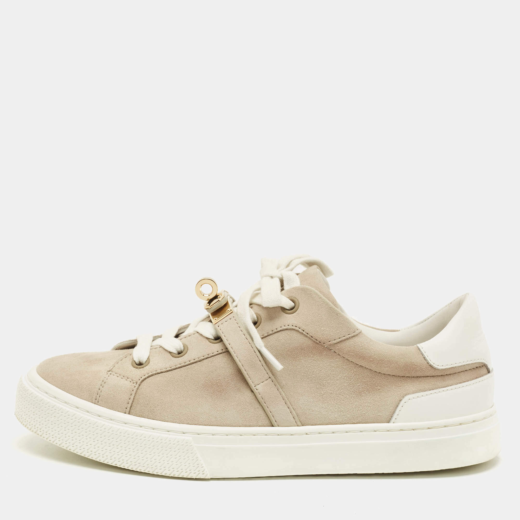 مملوكة مسبقًا Hermes Day Size 37.5 Grey/White Leather and Suede Lace Up Sneakers