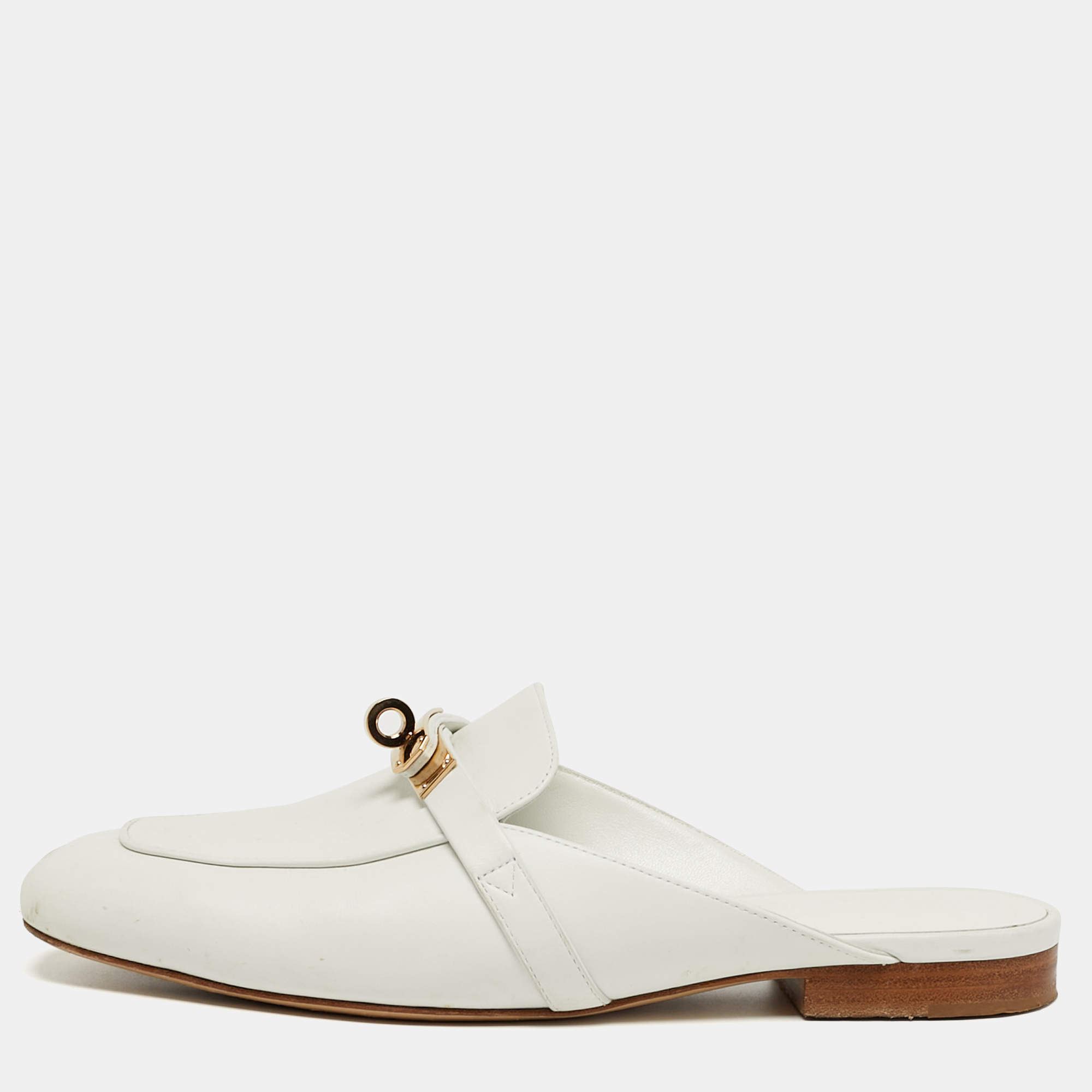 مملوكة مسبقًا Hermes Oz Size 36 White Leather Palladium Plated Mules