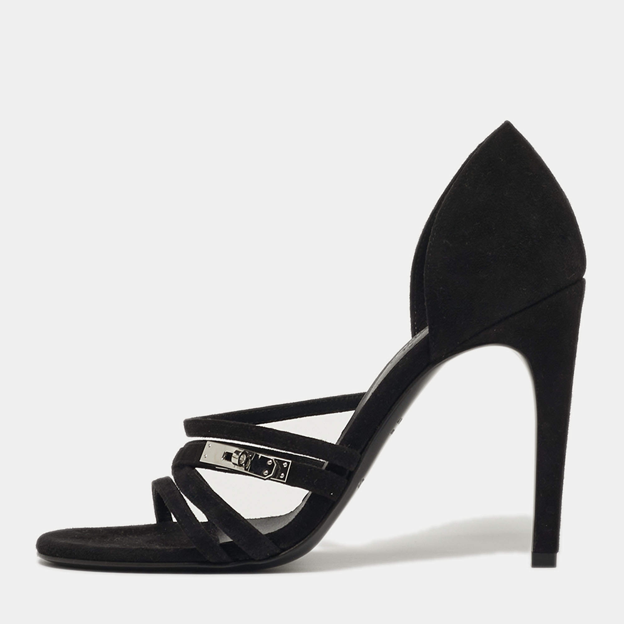 مملوكة مسبقًا Hermes Lipstick Size 37 Black Suede Ankle Strap Sandals