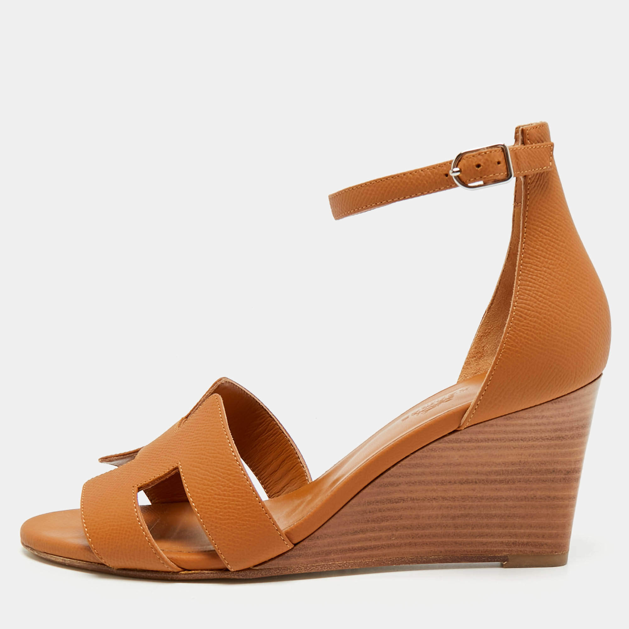 مملوكة مسبقًا Hermès Legend Size 38.5 Brown Leather Wedge Sandals