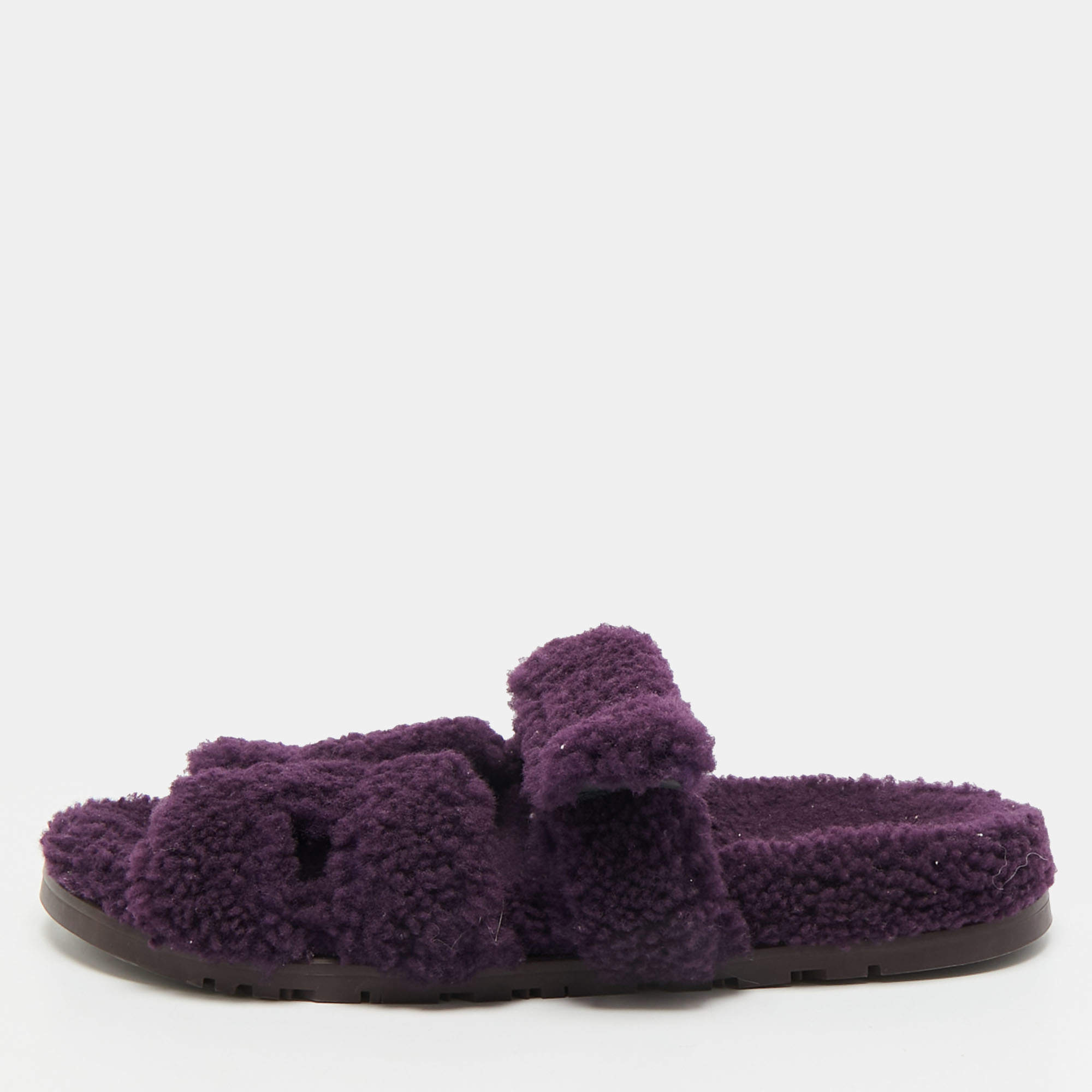 Pre Owned Hermes Chypre Size 42 Purple Shearling Fur Flat Slide