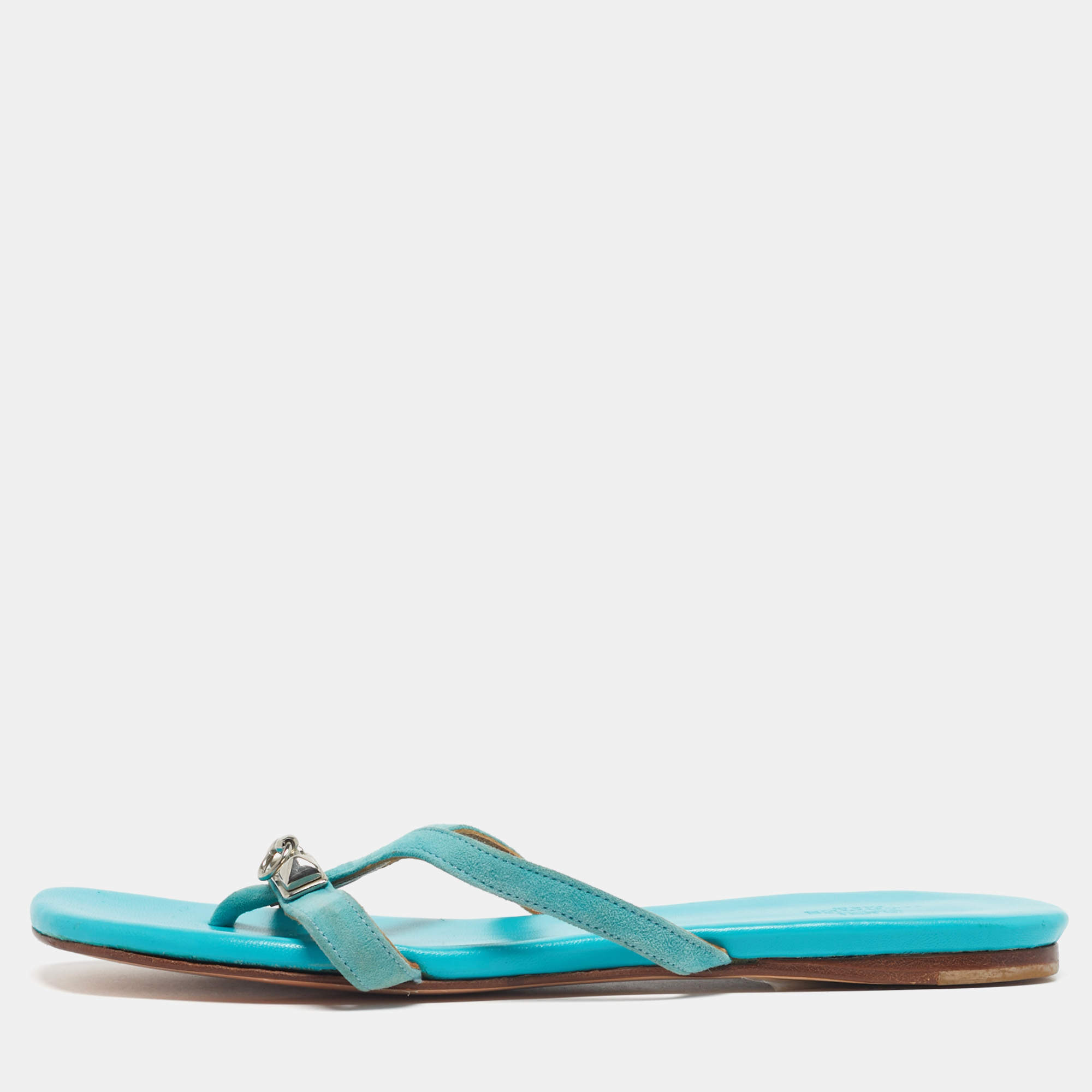مملوكة مسبقًا Hermes Corfu Size 38 Blue Suede Thong Flatsb Slide 