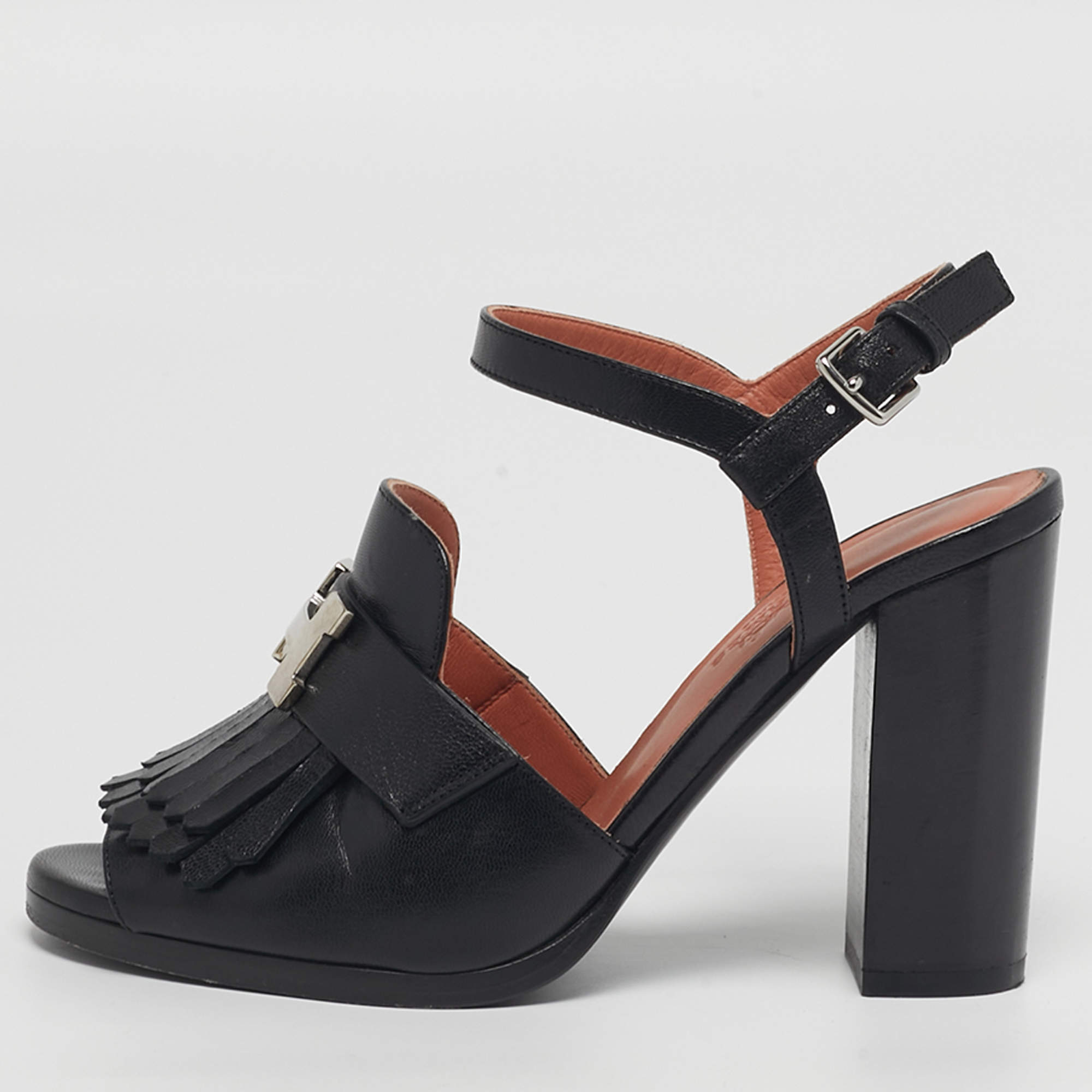 Pre Owned Hermes Alesia Size 36 Black Leather Fringe Ankle Strap Sandals