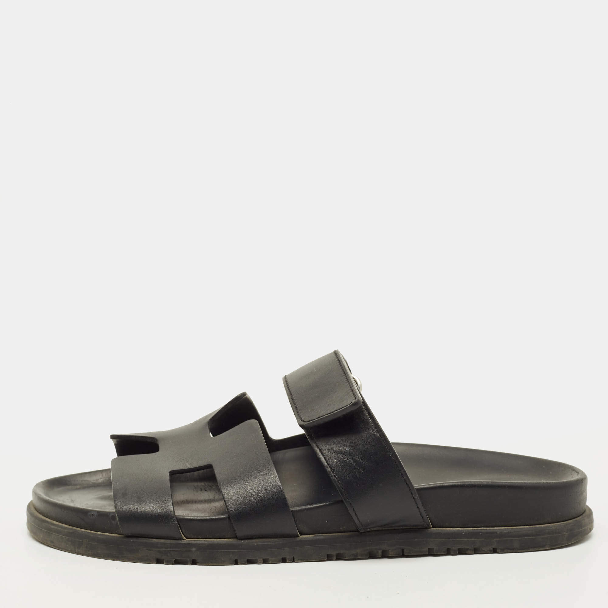 Pre Owned Hermes Chypre Size 38 Black Leather Slide Sandals