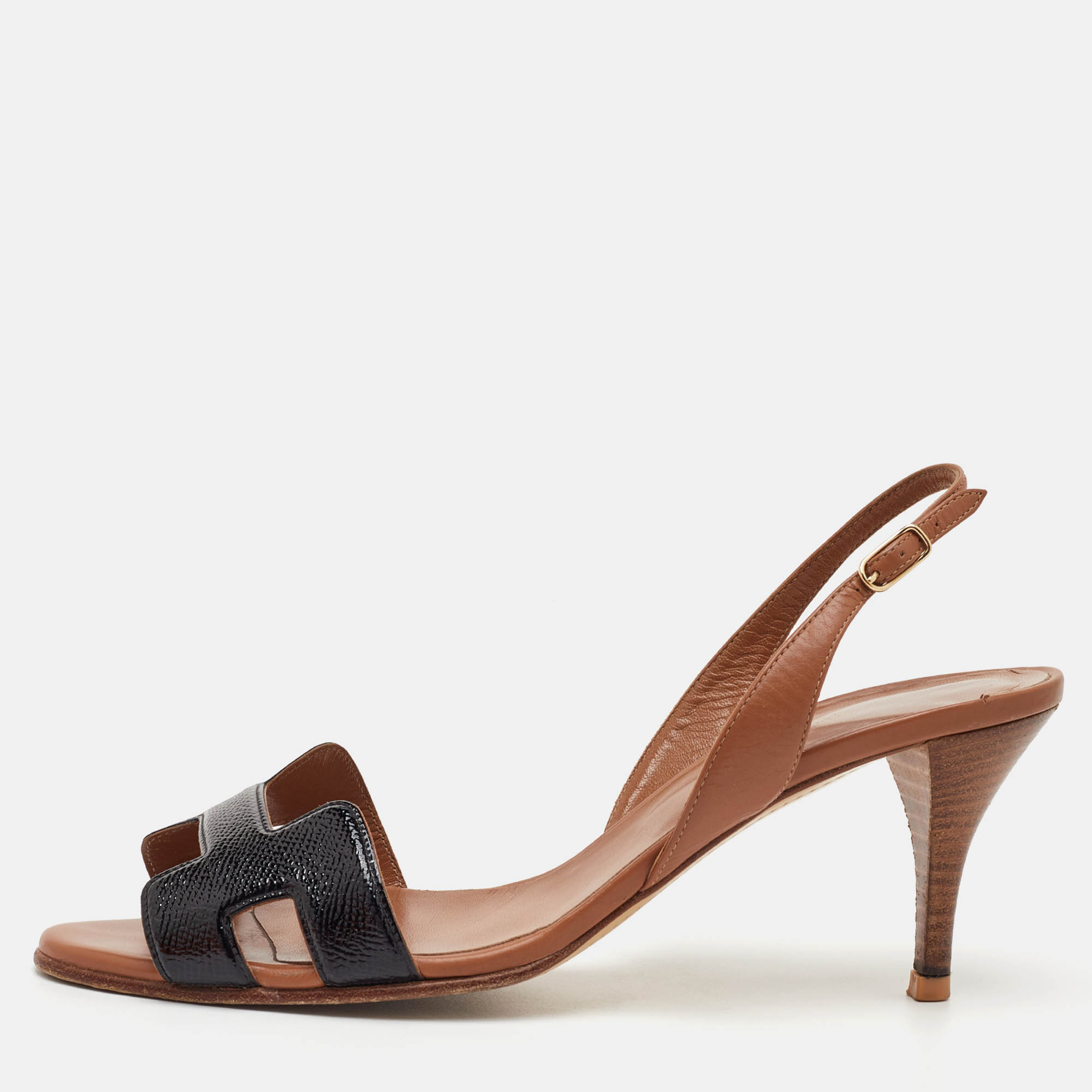 Pre Owned Hermès Night Size 39 Brown/Black Leather and Patent Leather Slingback Sandals