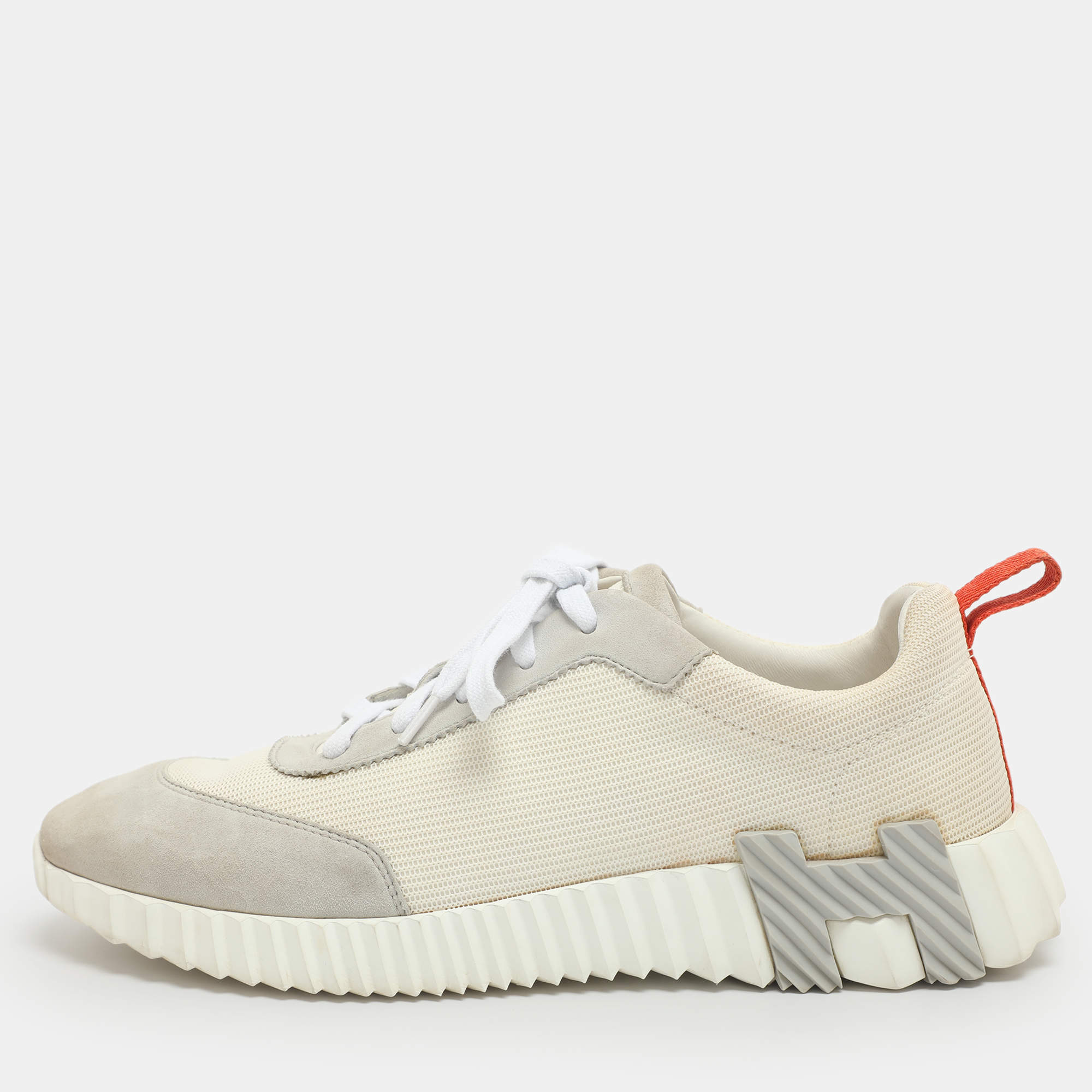 Pre Owned Hermes Bouncing Size 39 White/Grey Fabric and Suede Lace Up Sneakers