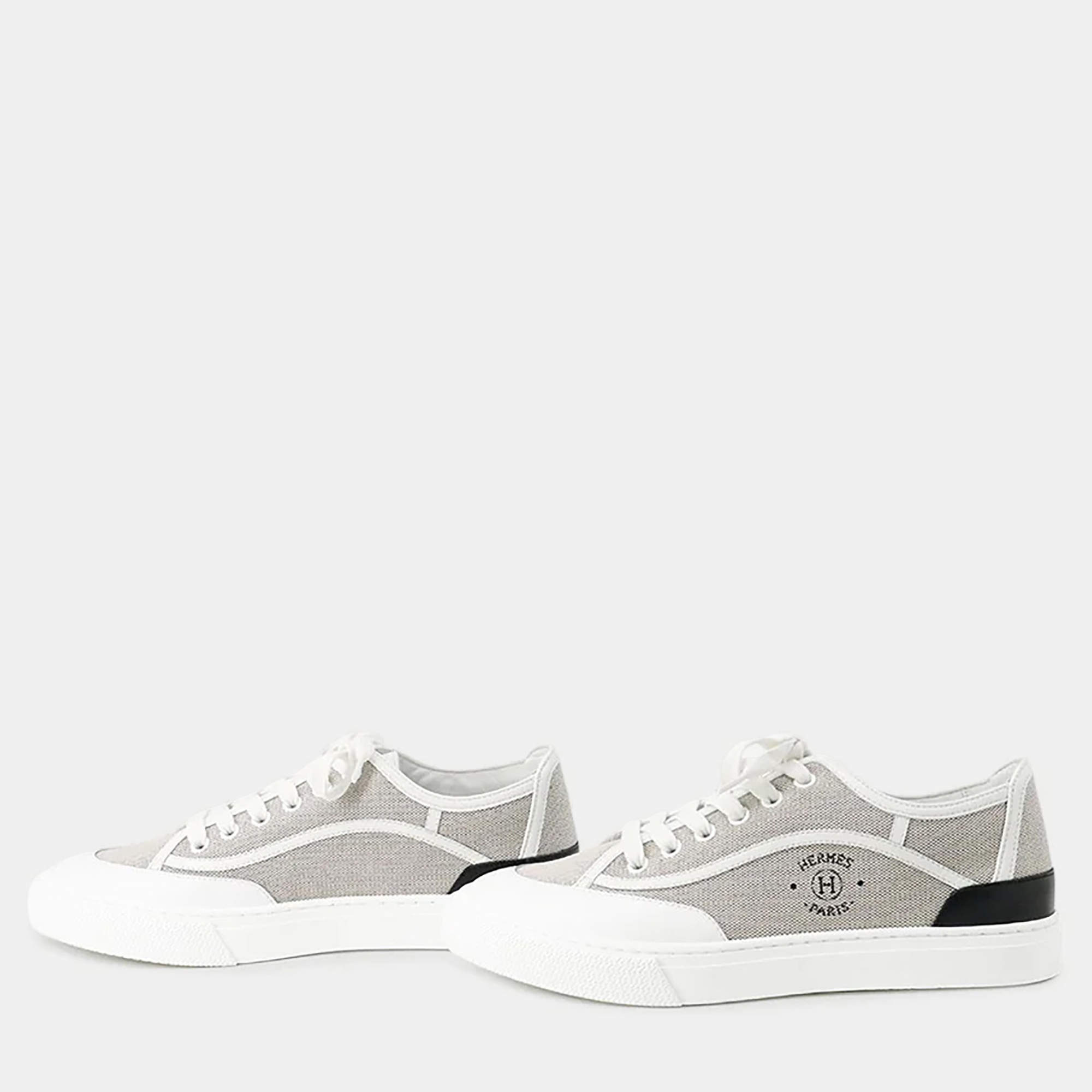 Pre Owned Hermes Get Sneakers Gray/White/Black Canvas Leather Size 38