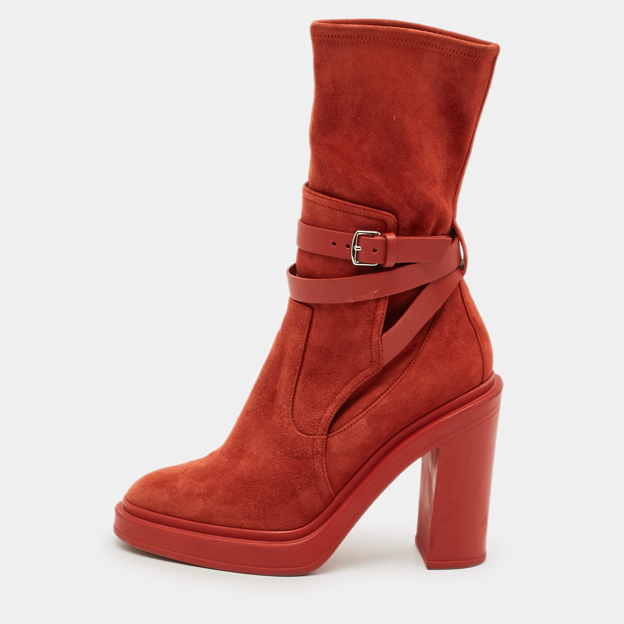 Pre Owned Hermes Slouch Size 38 Red Leather and Suede Ankle Length Boots