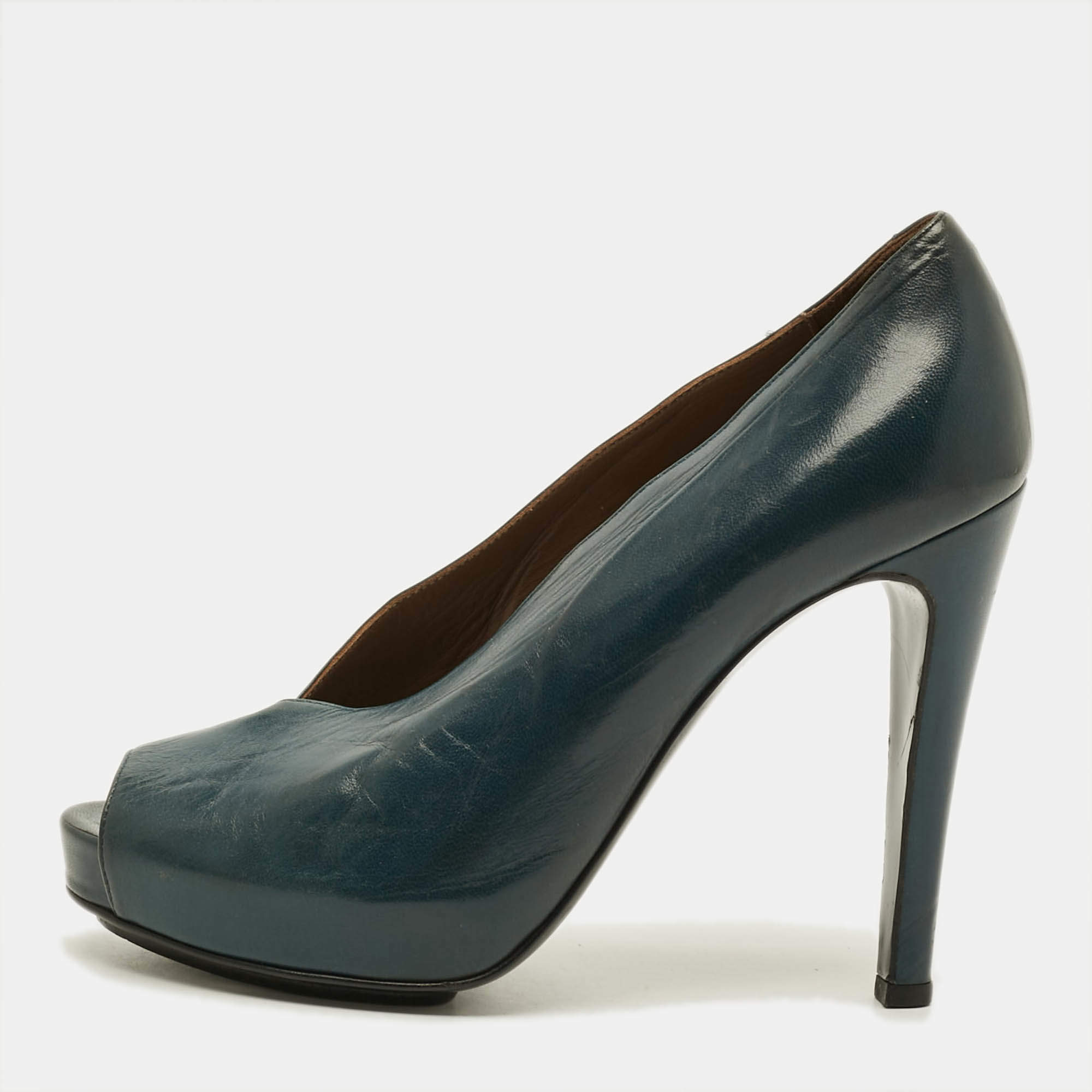 Pre Owned Hermes Florida Size 37 Green Leather Peep Toe Pumps