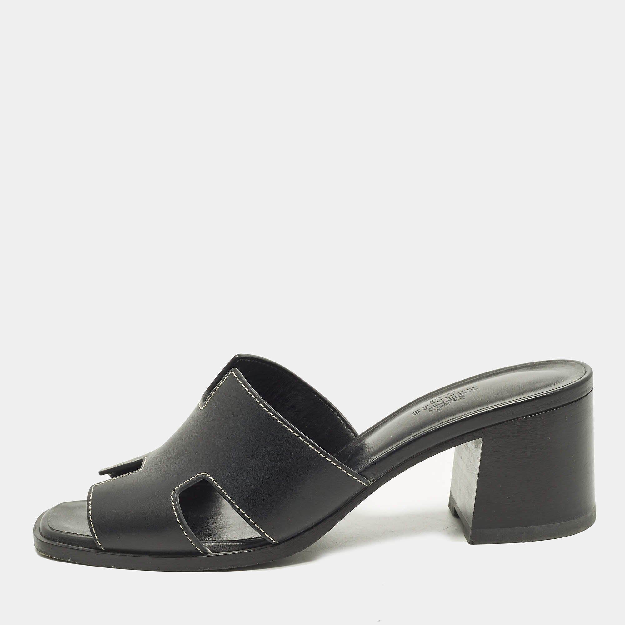 Pre Owned Hermes Helia Size 39 Black Leather Slide Sandals
