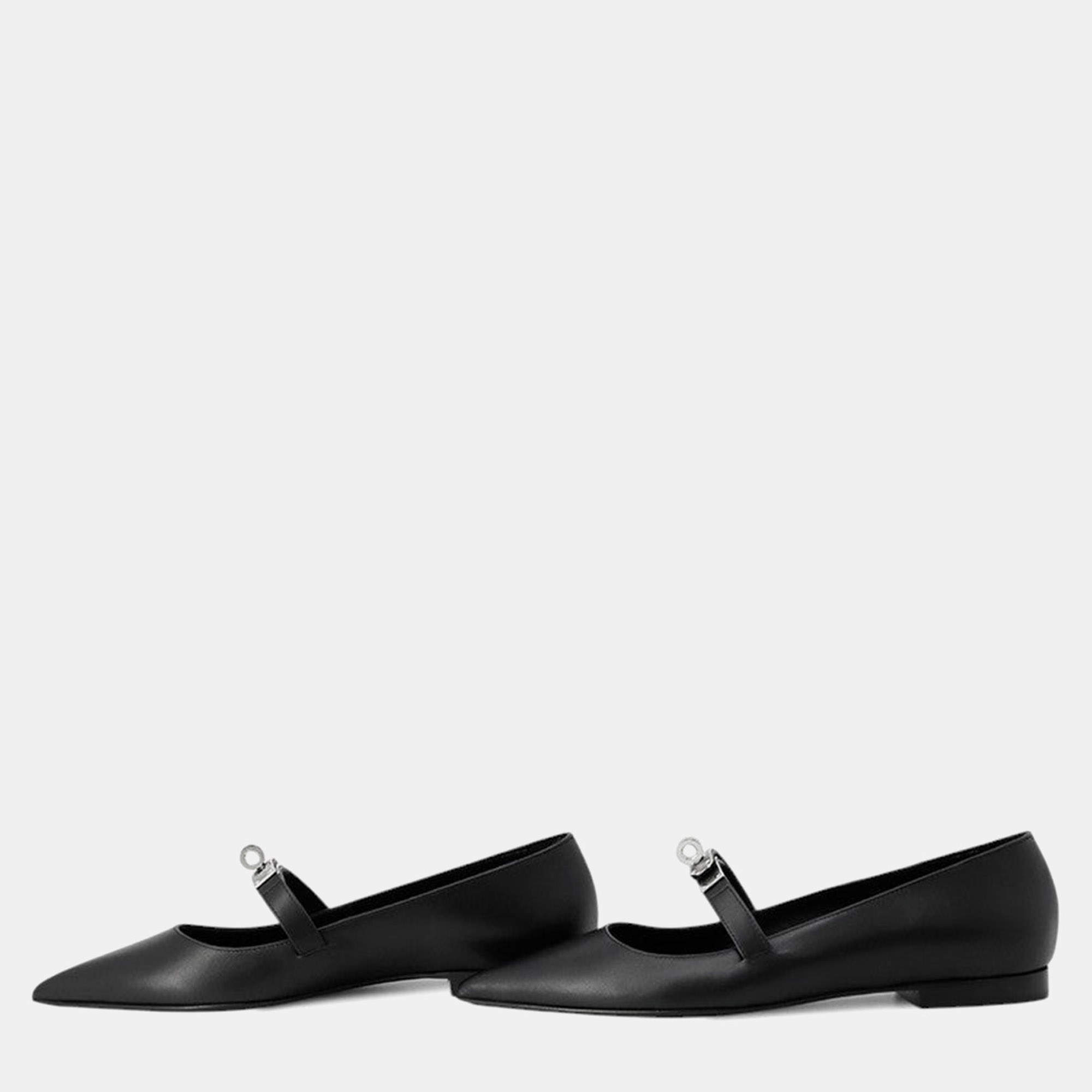 Pre Owned Hermes Kelly Ballet Flats Black Leather Size 35