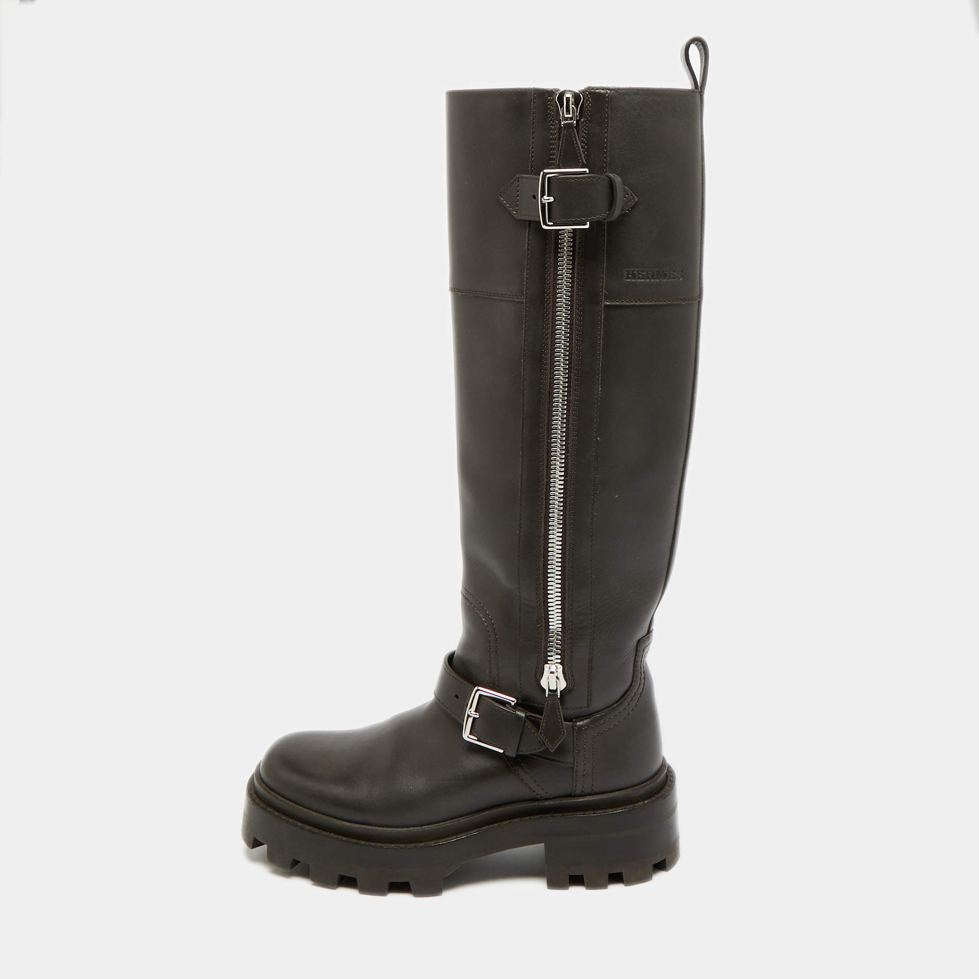 مملوكة مسبقًا Hermes Jaime Size 37.5 Brown Leather Knee Length Biker Boots